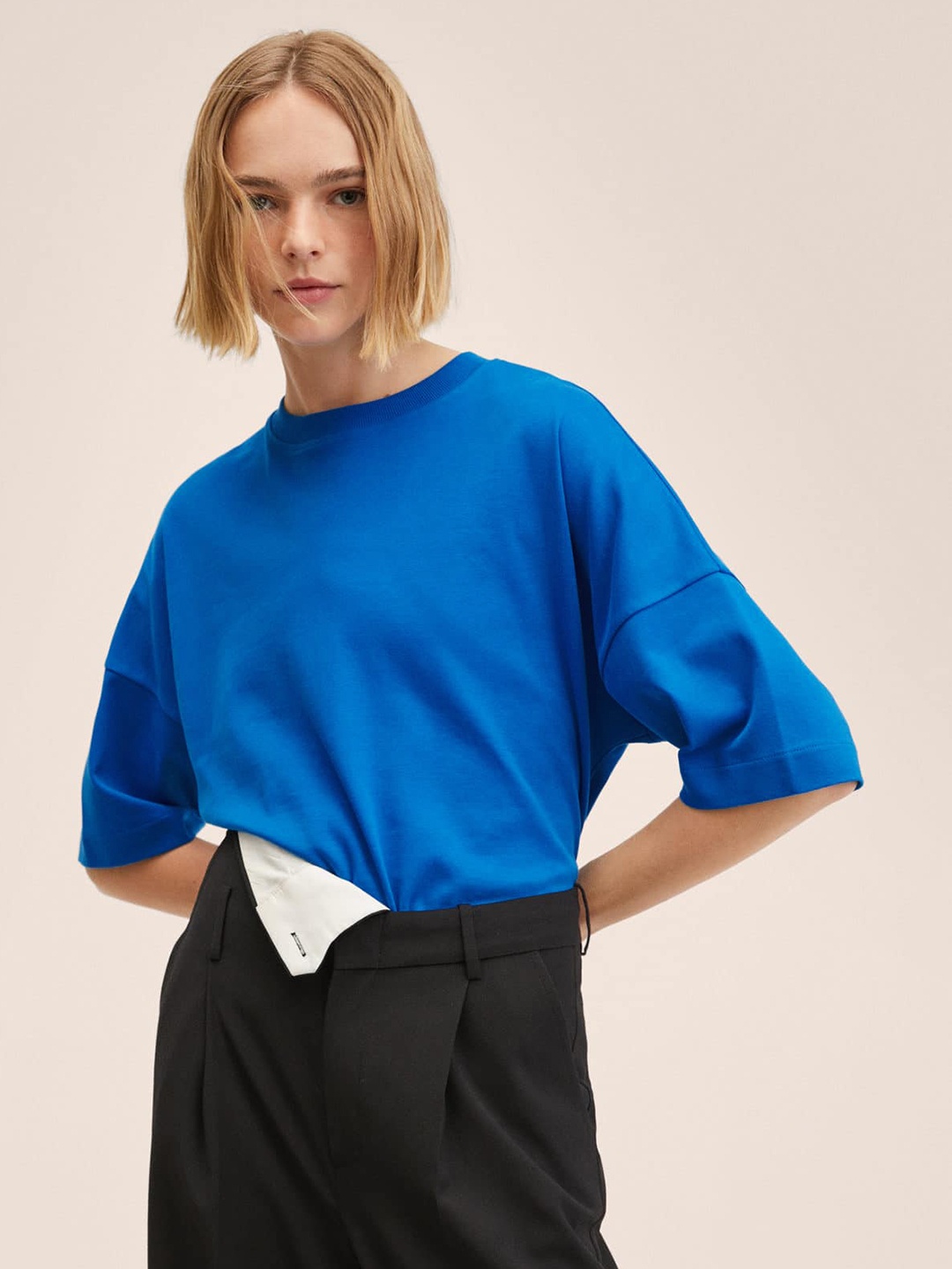 

MANGO Women Blue Drop-Shoulder Sleeves Pure Cotton T-shirt