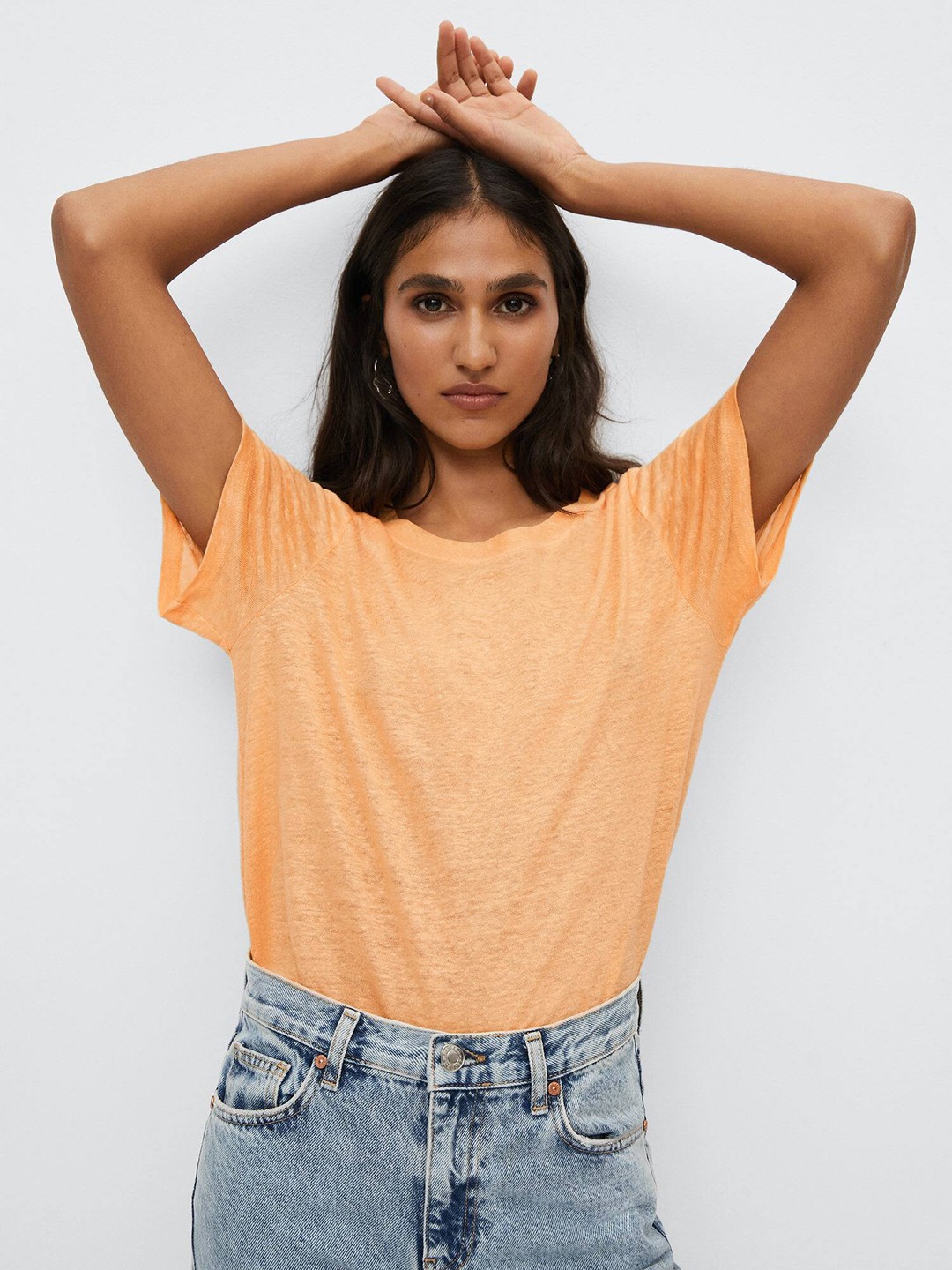 

MANGO Women Mustard Yellow Solid Drop-Shoulder Sleeves Linen T-shirt