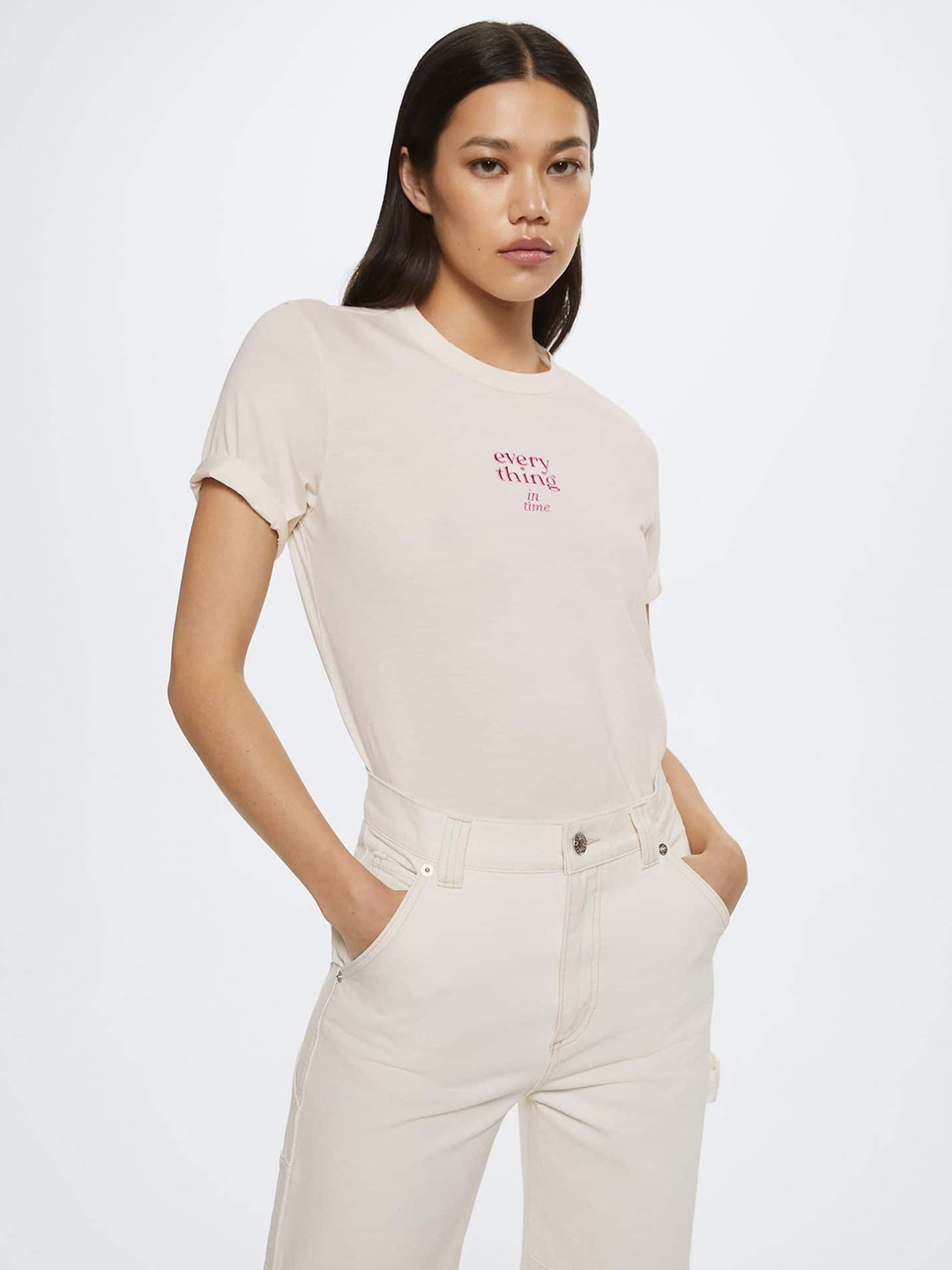 

MANGO Women Cream-Coloured & Pink Typography Printed Pure Cotton T-shirt