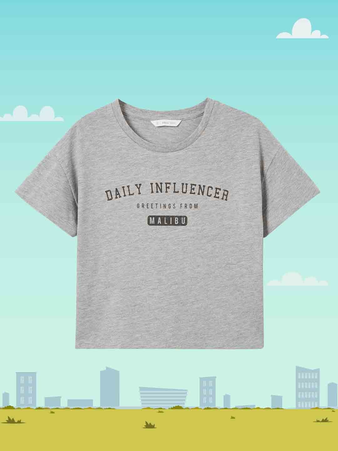 

Mango Kids Teen Girls Grey Melange & Coffee Brown Typography Print T-shirt