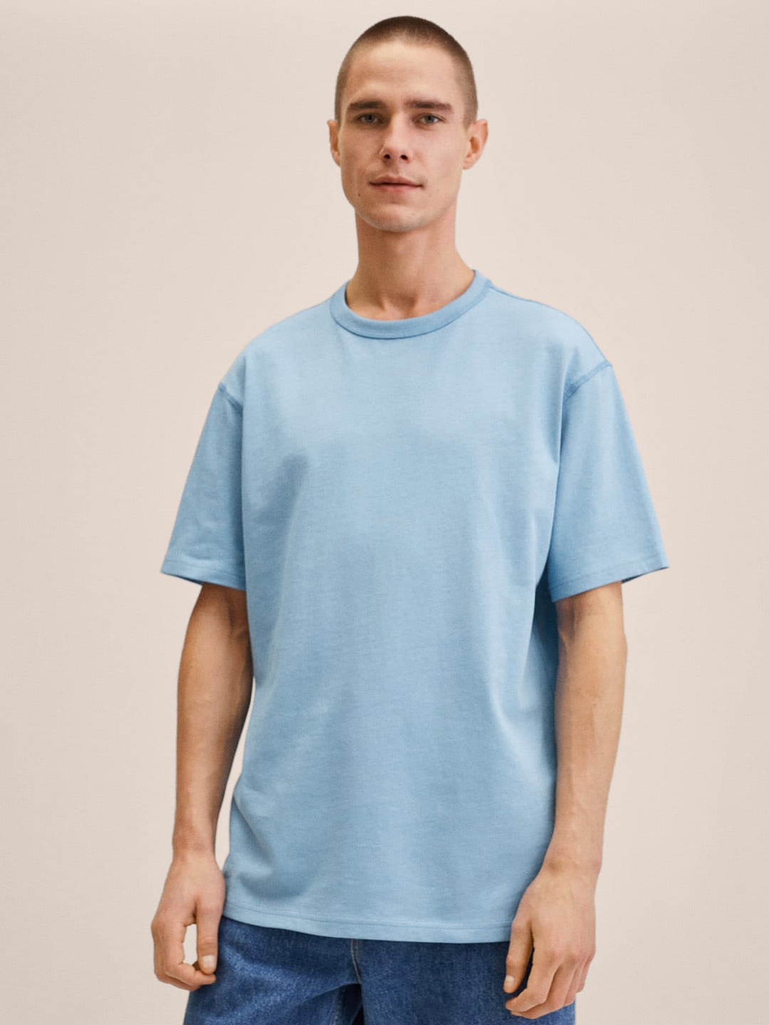 

MANGO MAN Men Blue Drop-Shoulder Sleeves Pure Cotton T-shirt