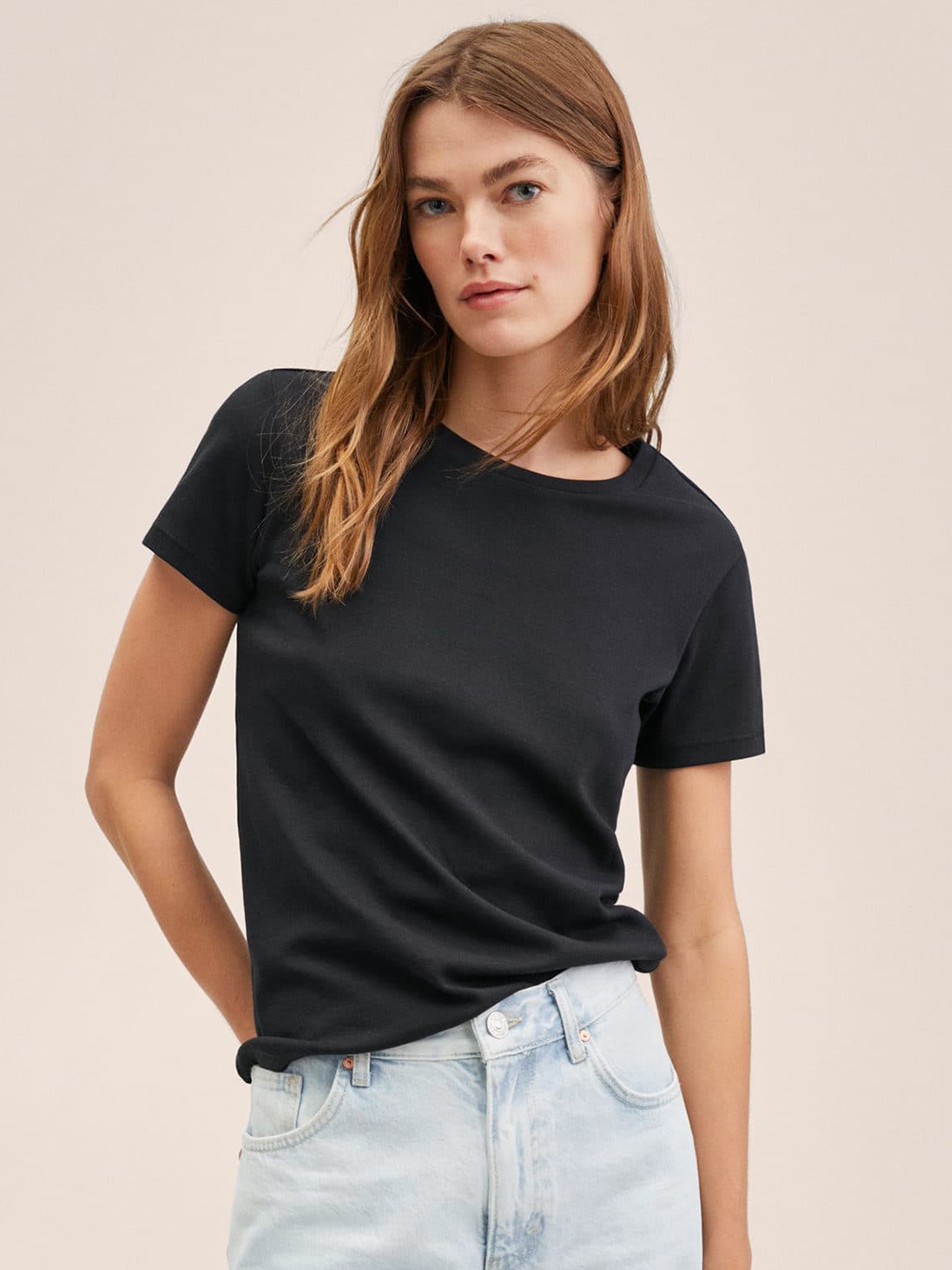 

MANGO Women Black Solid Pure Cotton T-shirt