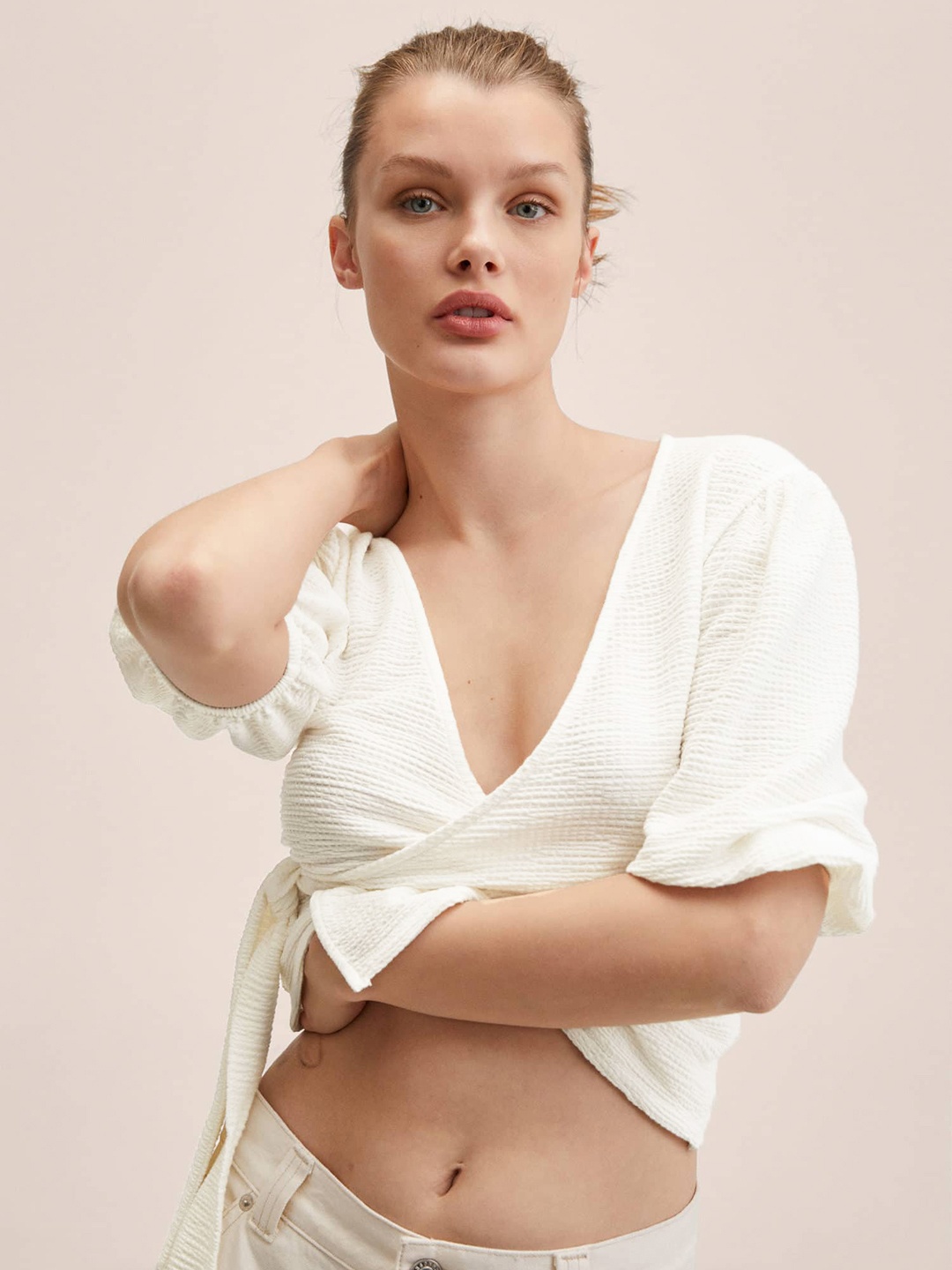 

MANGO Off-White Textured V-Neck Wrap Top