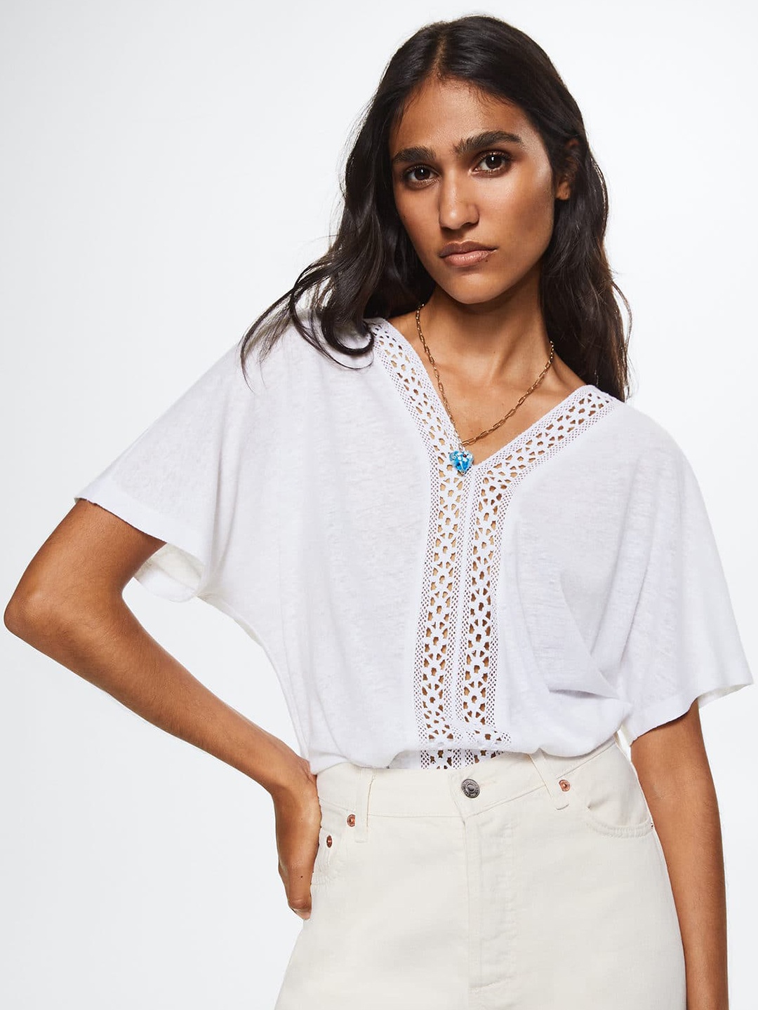 

MANGO White Solid Lace Insert Top