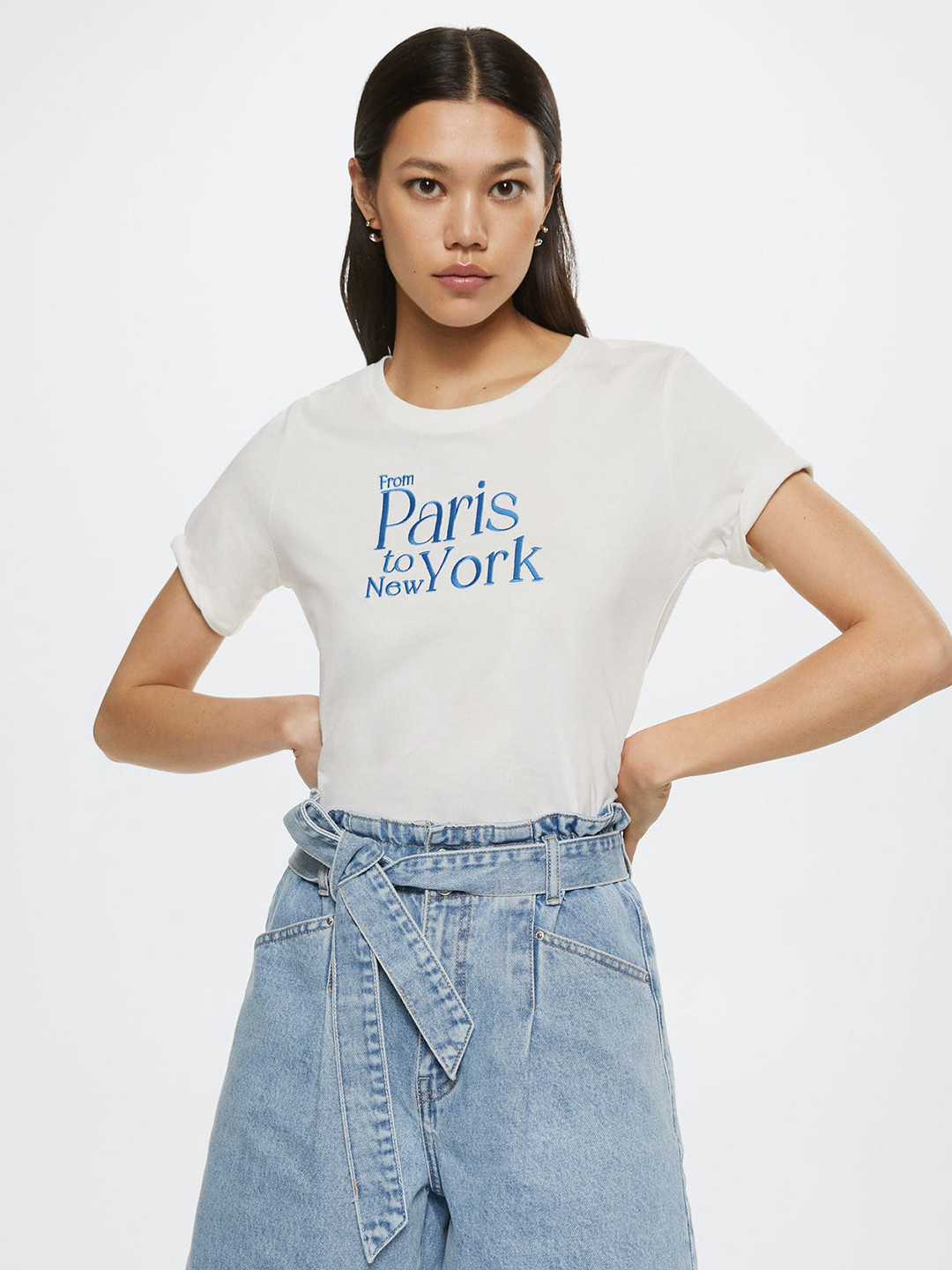 

MANGO Women Off White & Blue Pure Cotton Typography Embroidered T-shirt