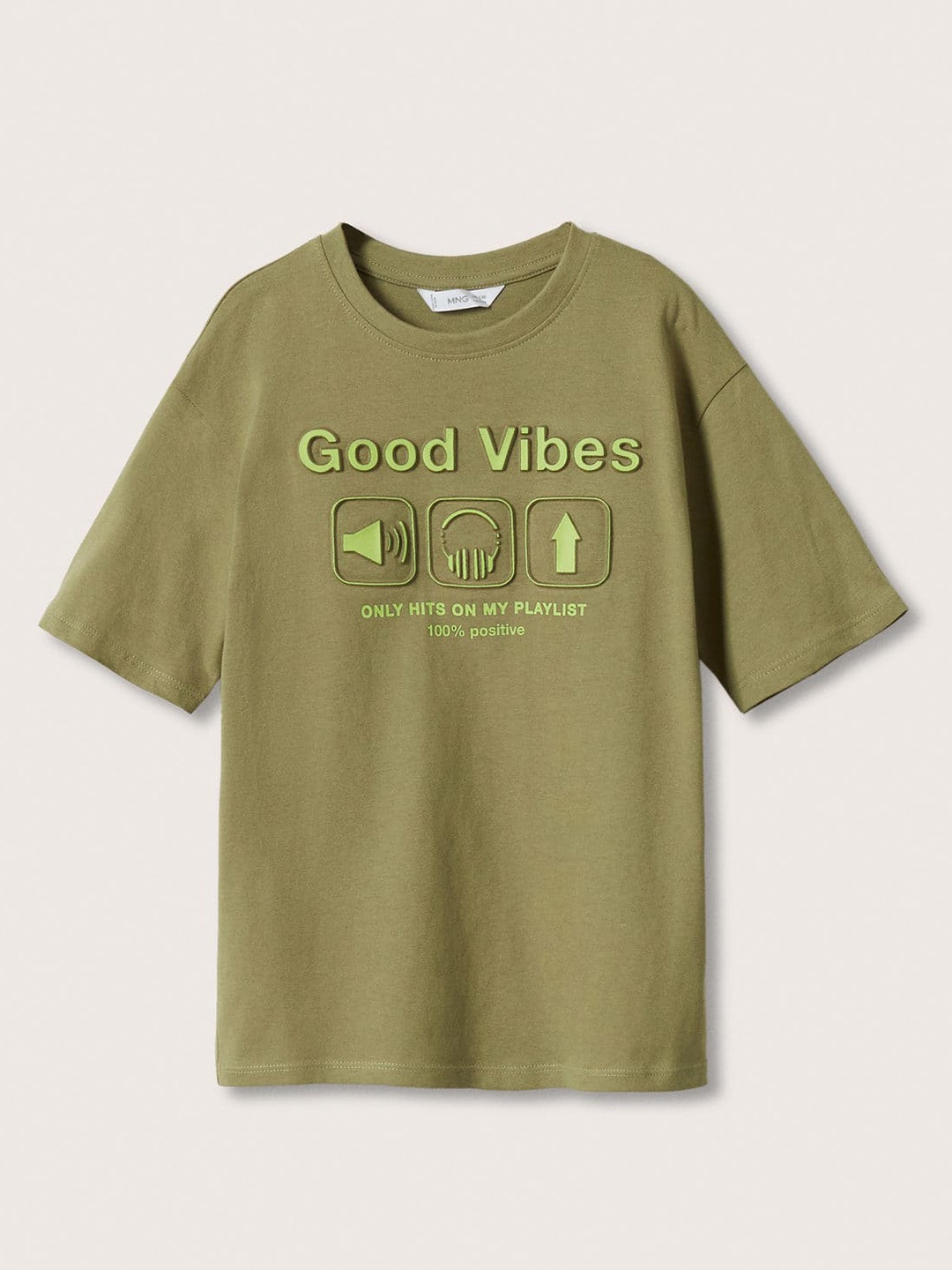 

Mango Kids Boys Olive Green Typography Embossed Pure Cotton T-shirt