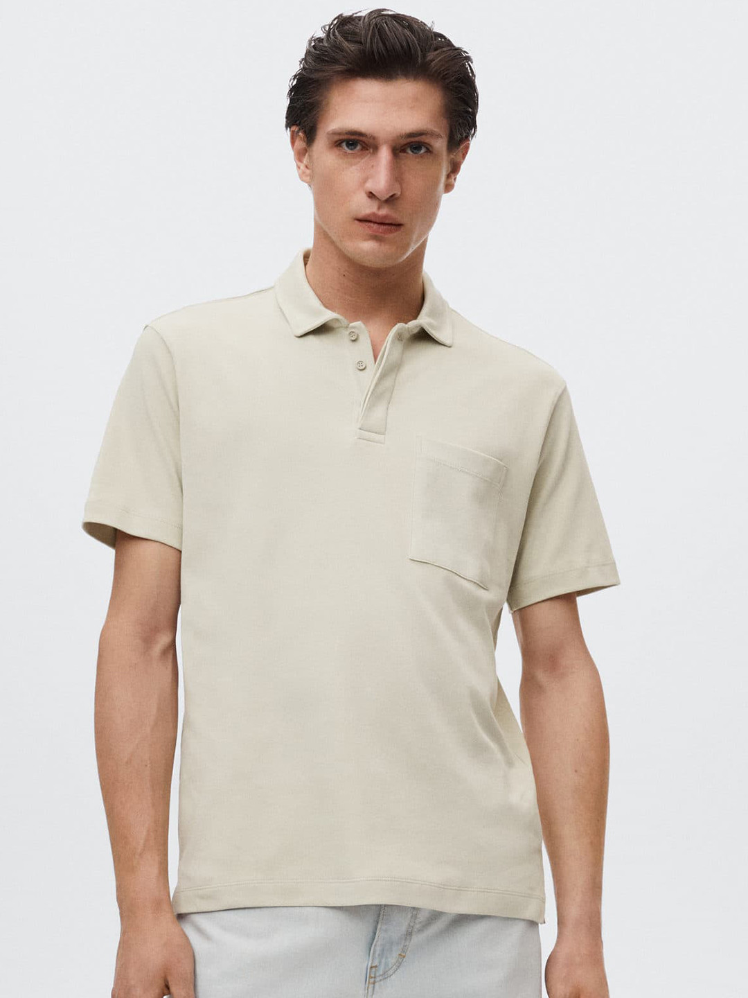 

MANGO MAN Beige Polo Collar Pure Cotton T-shirt