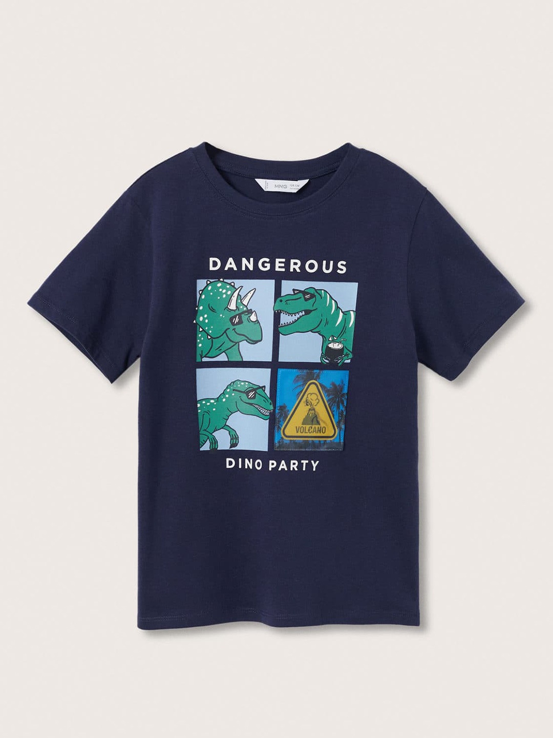 

Mango Kids Boys Navy Blue & Green Dinosaur Printed Pure Cotton T-shirt