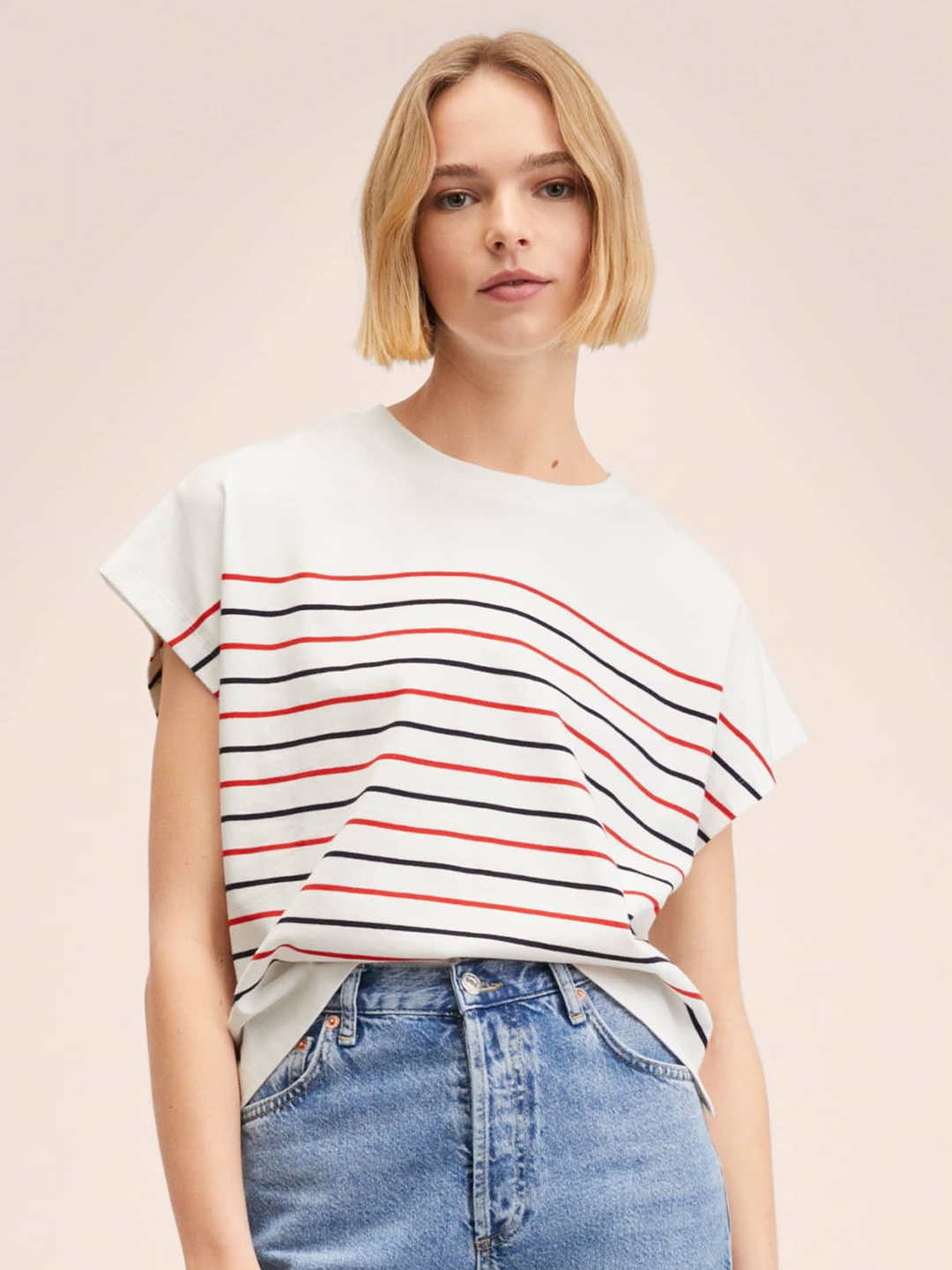 

MANGO Women White & Red Striped Pure Cotton T-shirt