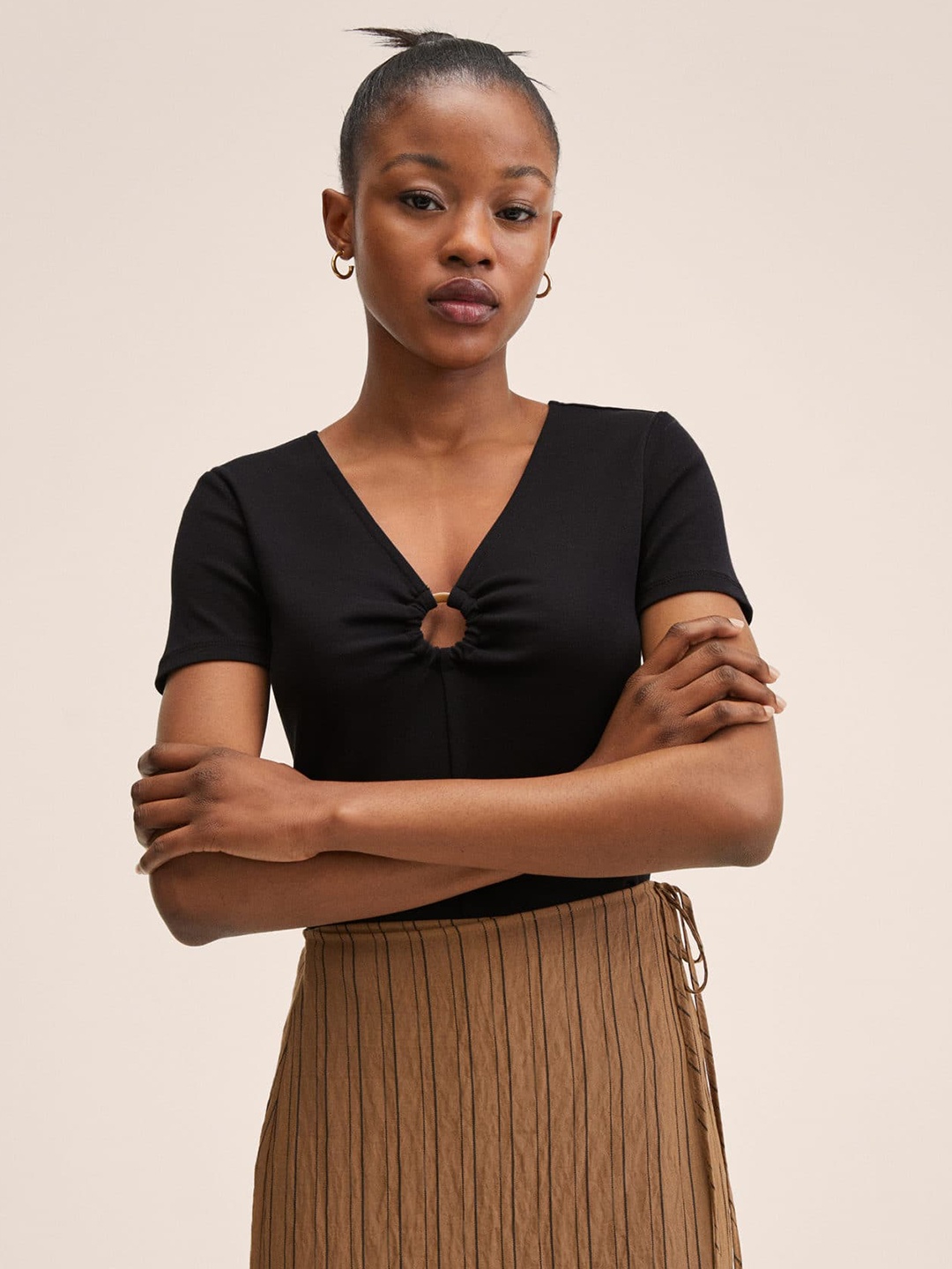 

MANGO Black Solid Cut Out Detail Cotton Top