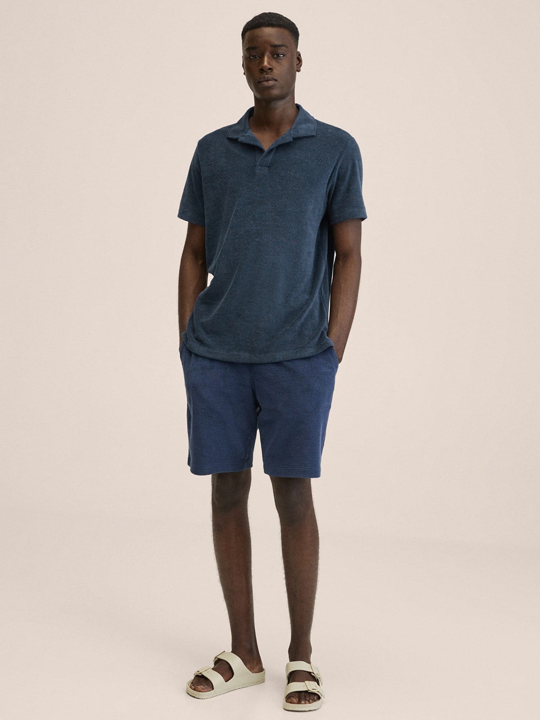 

MANGO MAN Men Navy Blue Textured Polo Collar T-shirt
