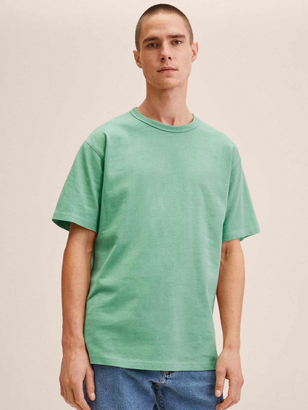 

MANGO MAN Men Green Drop-Shoulder Sleeves Pure Cotton T-shirt