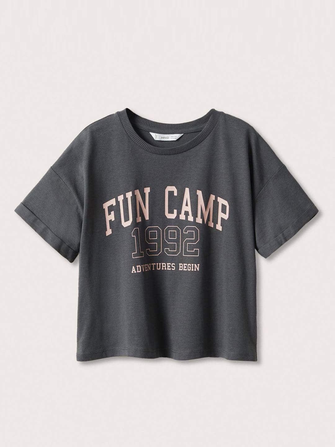 

Mango Kids Girls Charcoal Grey & Pink Printed Pure Cotton T-shirt