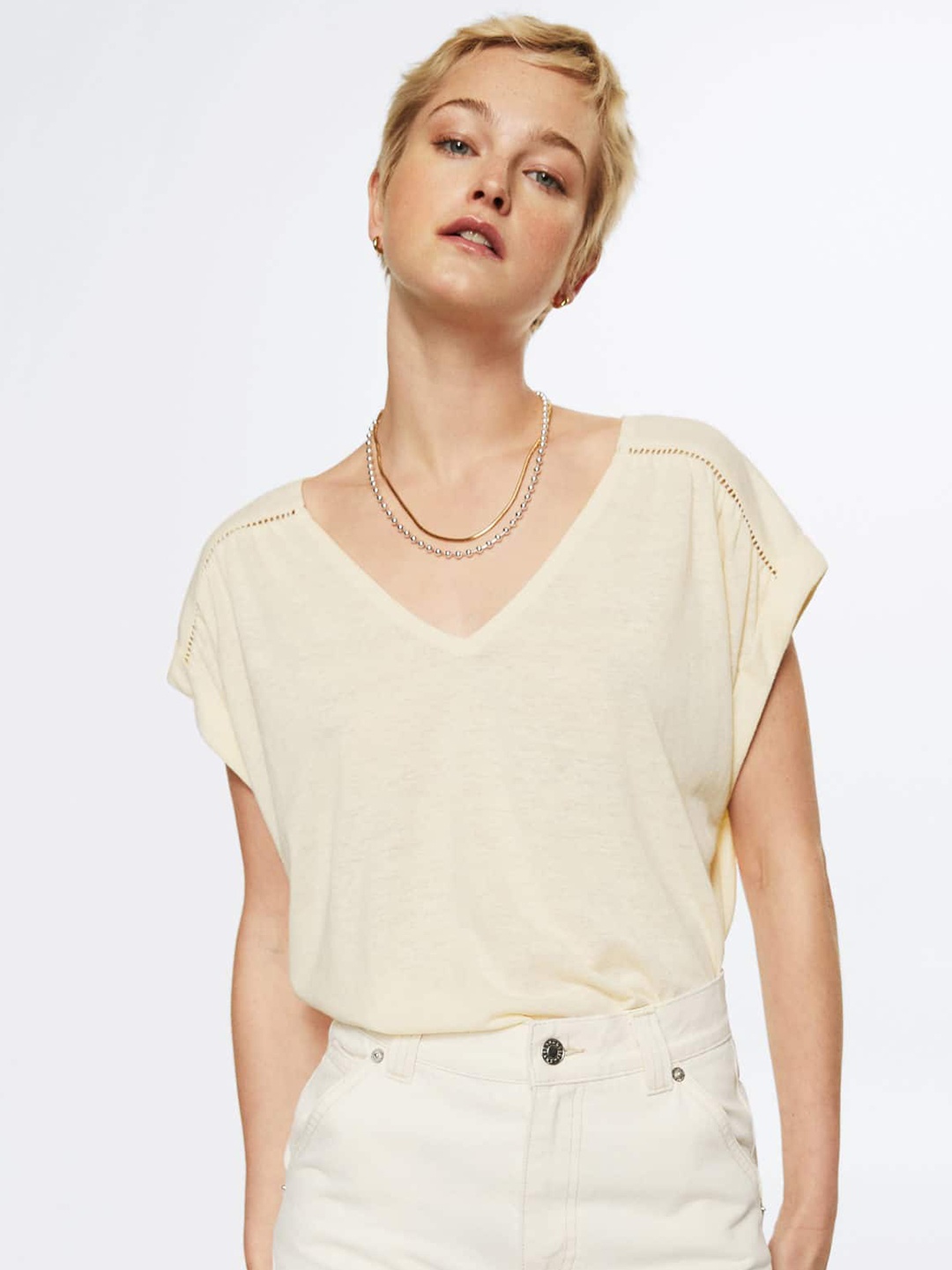 

MANGO Cream-Coloured Solid Extended Sleeves Top