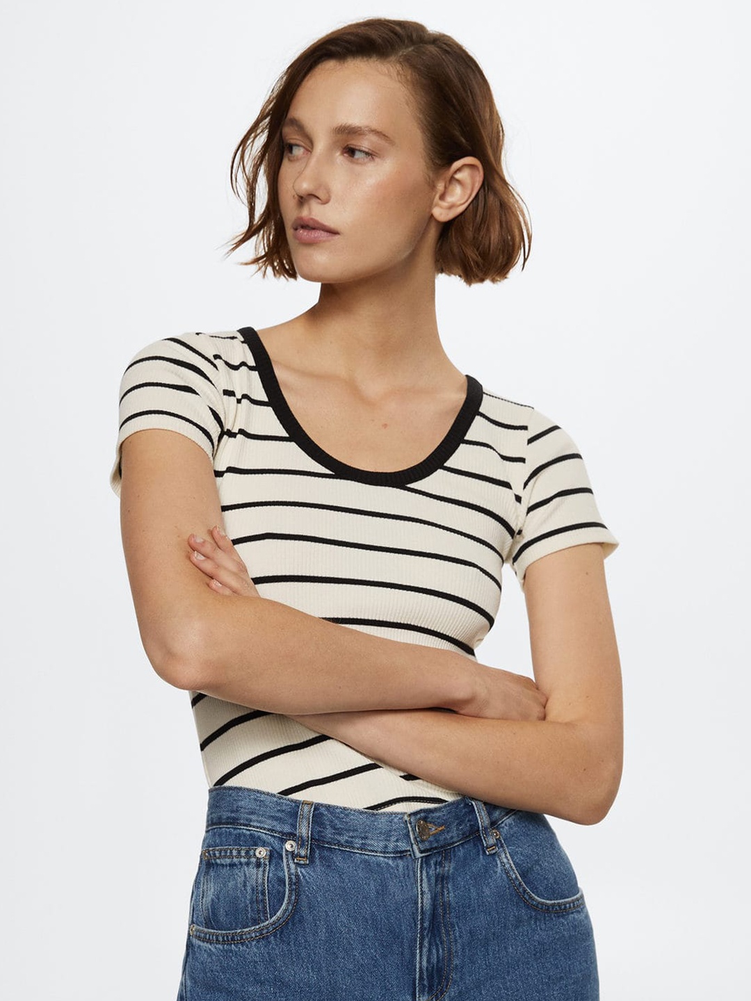 

MANGO Women Off White & Black Striped T-shirt