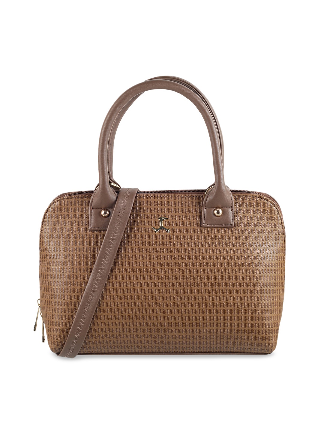 

Mochi Brown Textured PU Structured Handheld Bag with Applique