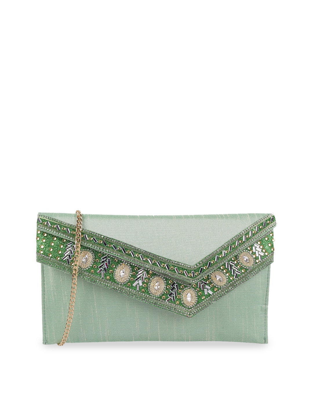 

Mochi Green & Gold-Toned Embellished Envelope Clutch