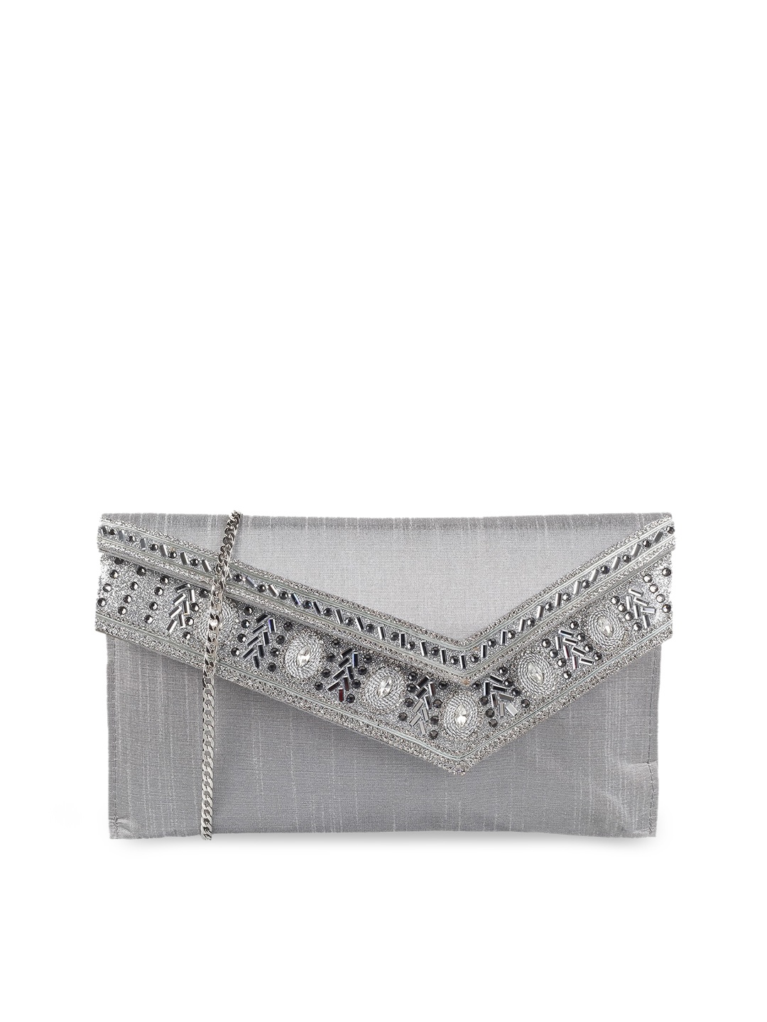 

Mochi Silver-Toned & White Embellished Envelope Clutch