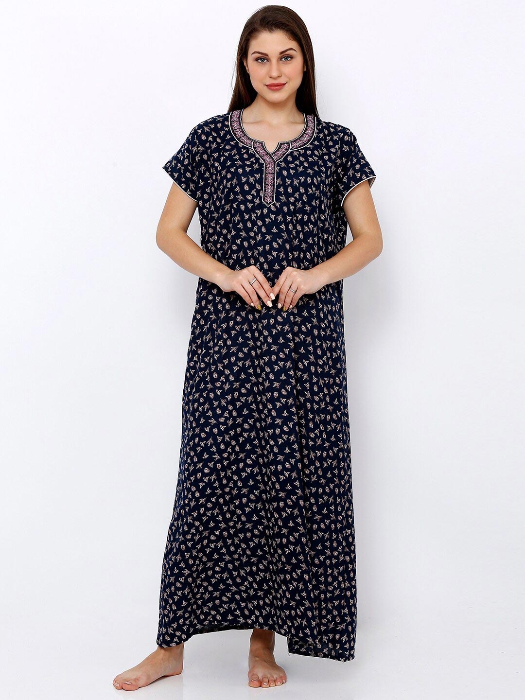 

Pretty Awesome Navy Blue Printed Maxi Nightdress
