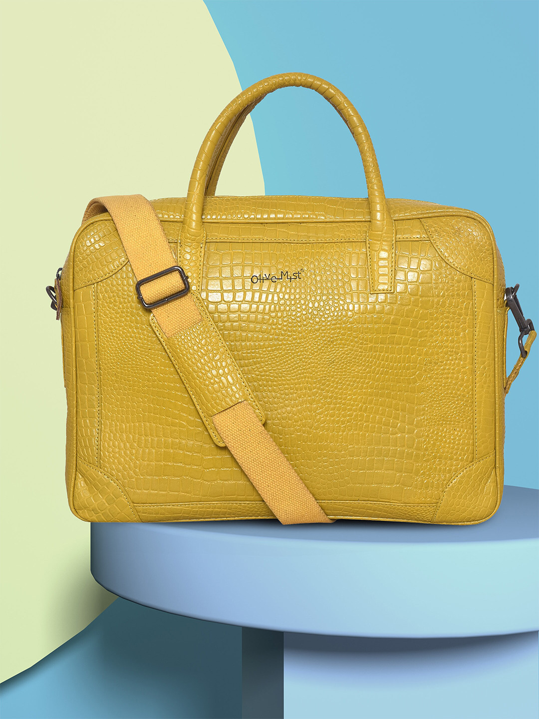 

OLIVE MIST Unisex Mustard Textured Leather Laptop Bag