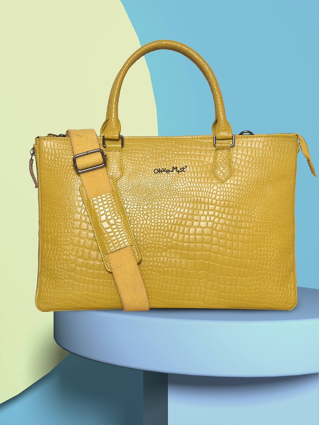 

OLIVE MIST Unisex Mustard Textured Leather Laptop Bag