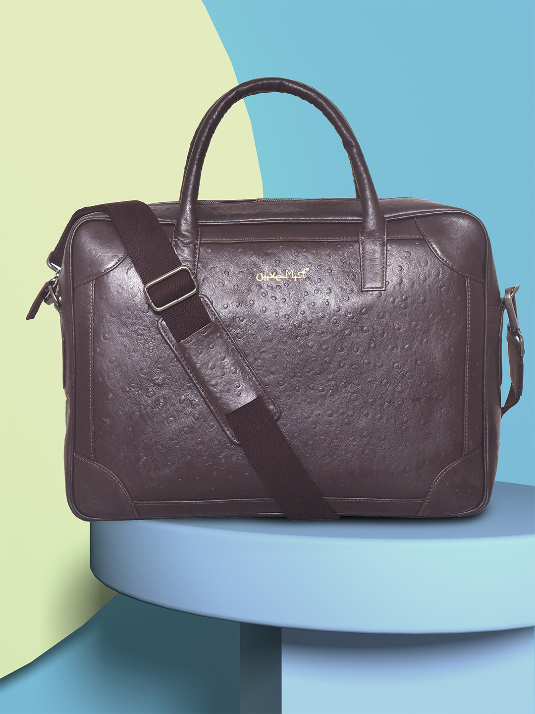 

OLIVE MIST Unisex Brown Textured Leather Laptop Bag