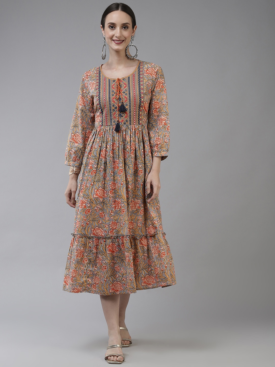 

Yufta Taupe & Red Floral Tie-Up Neck Ethnic A-Line Midi Dress