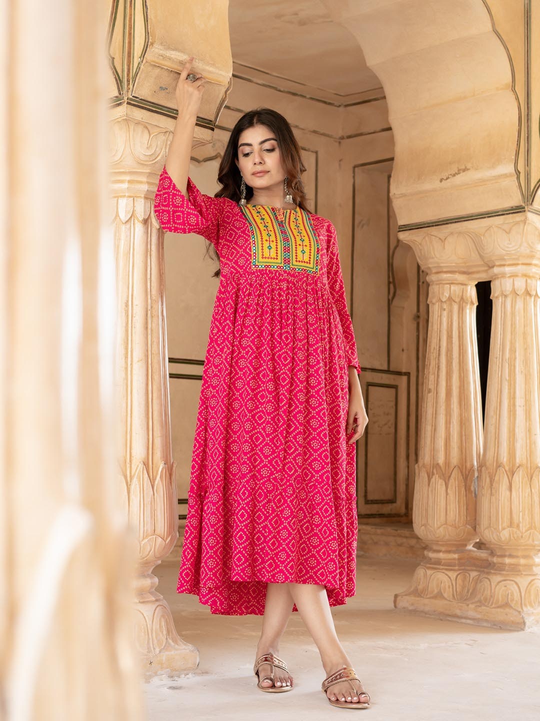 

Yufta Pink & Yellow Ethnic Motifs Embroidered Tie-Up Neck Ethnic A-Line Midi Dress