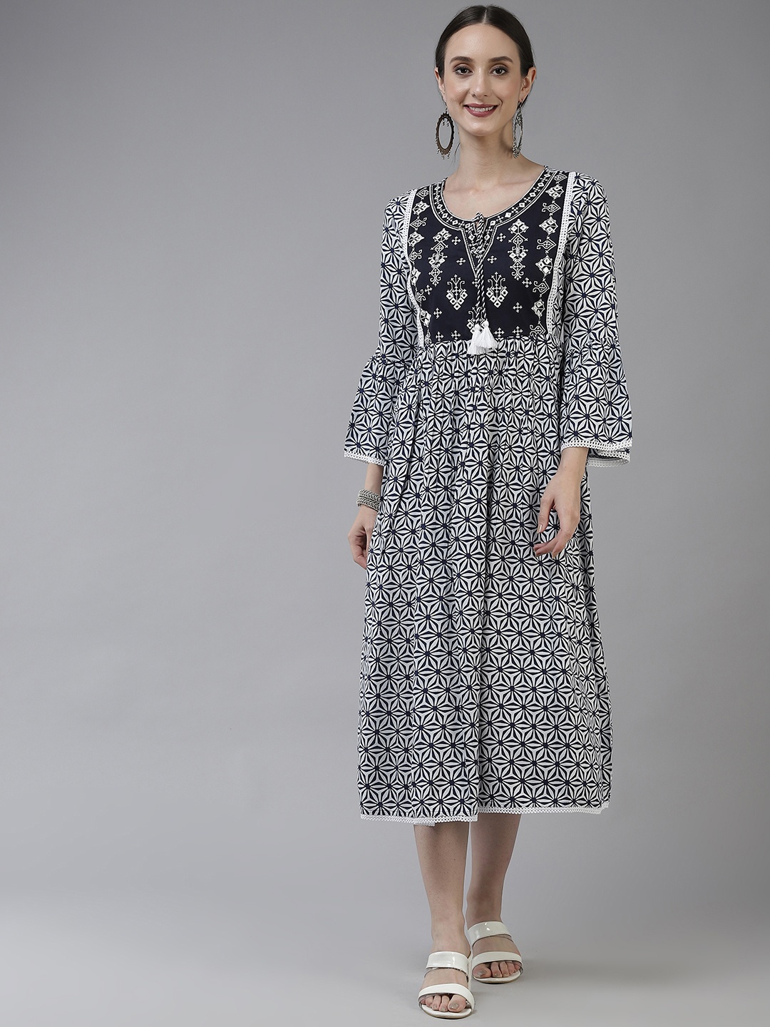 

Yufta Navy Blue & White Tie-Up Neck Ethnic A-Line Midi Dress