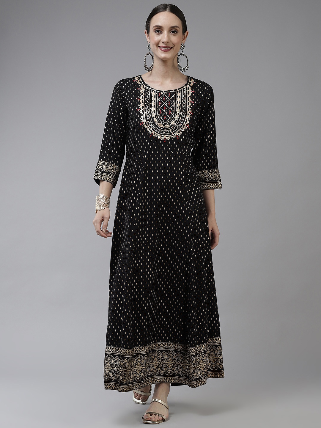 

Yufta Black Ethnic Motifs Gotta Patti Embroidered Ethnic Maxi Dress