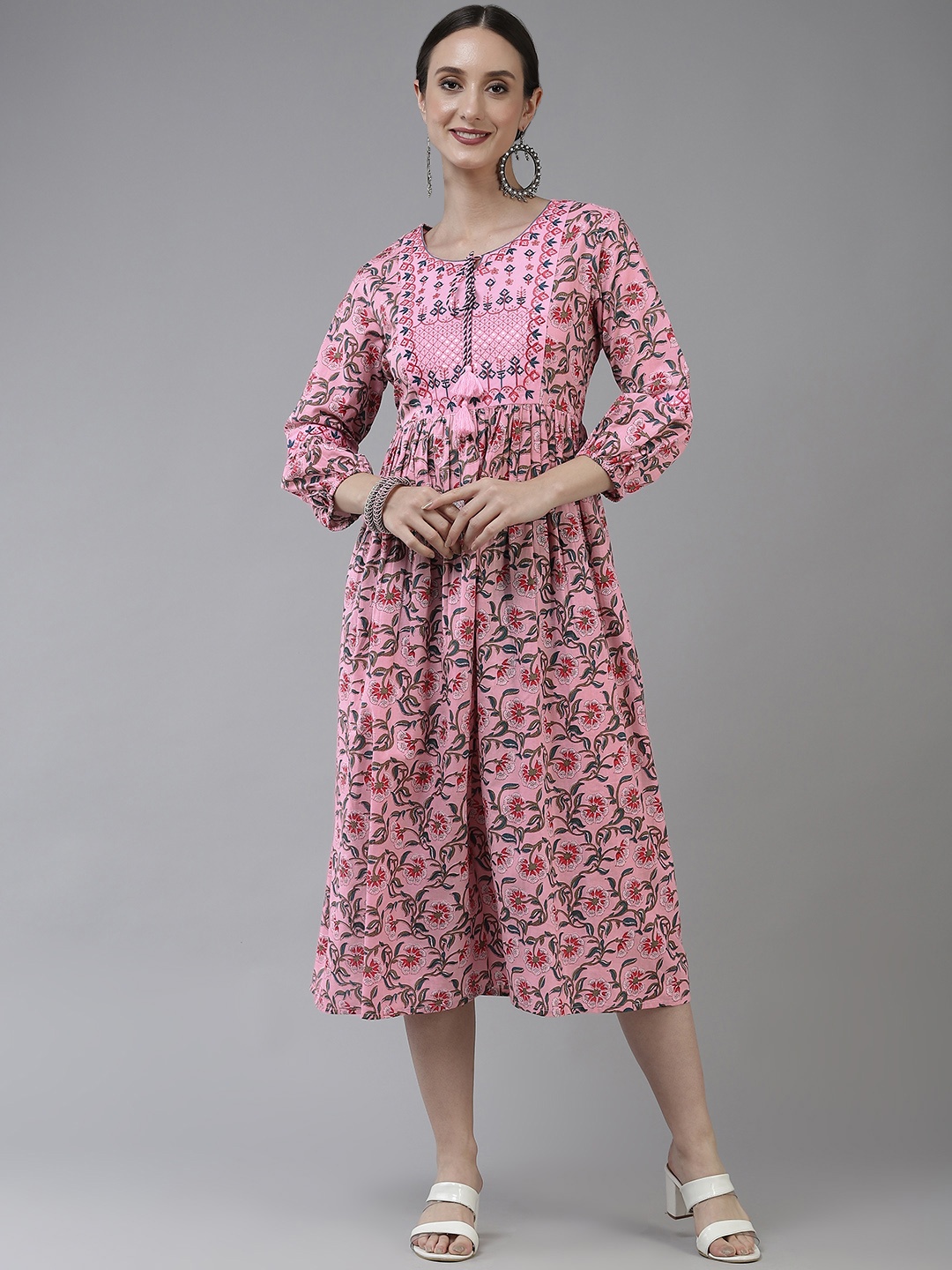 

Yufta Pink & Grey Floral Tie-Up Neck Ethnic A-Line Midi Dress