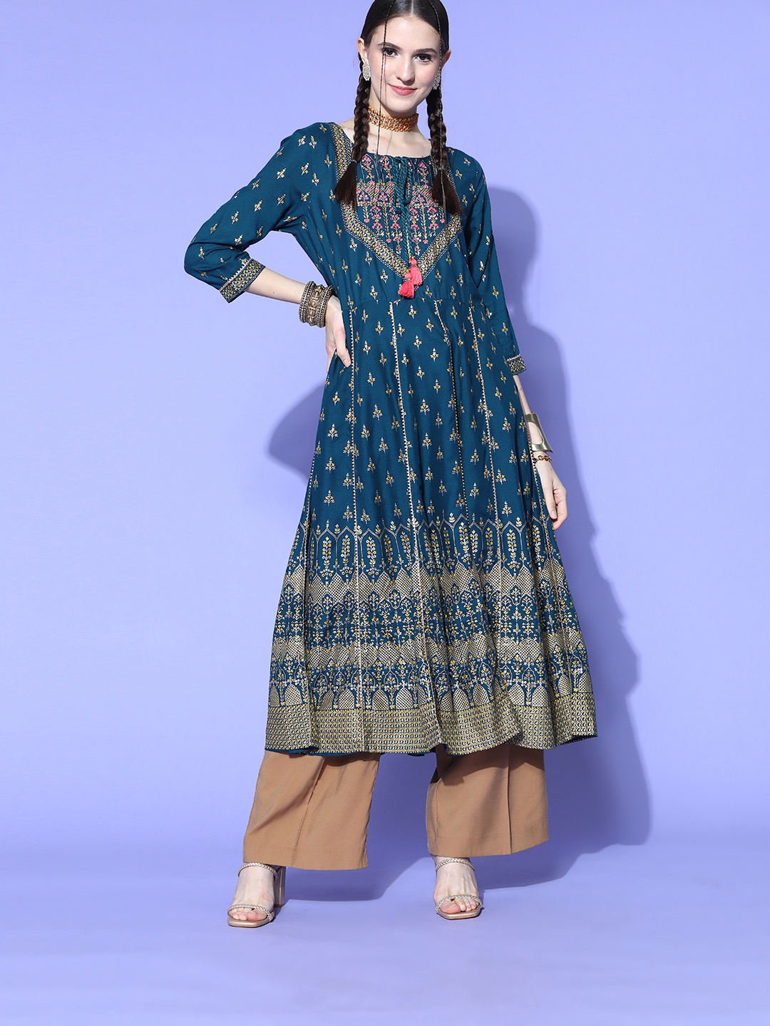 

ZOLA Women Tranquil Teal Viscose Rayon Ethereal Embroidery Kurta