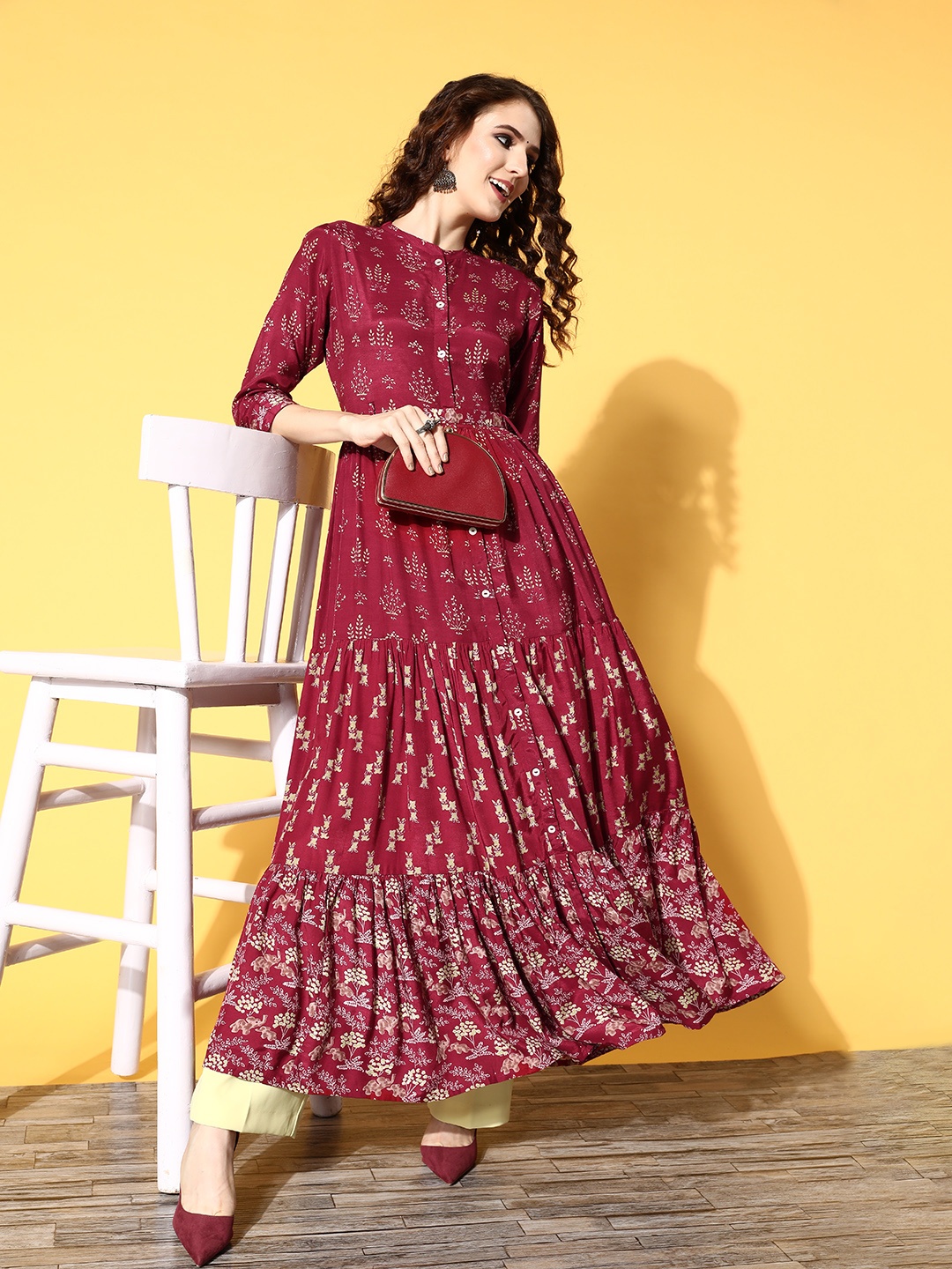 

ZOLA Women Maroon Art Silk Swirling Volume Kurta