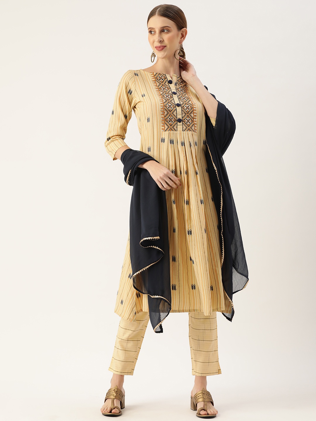 

VAABA Women Yellow Embroidered Thread Work Kurta with Trousers & With Dupatta