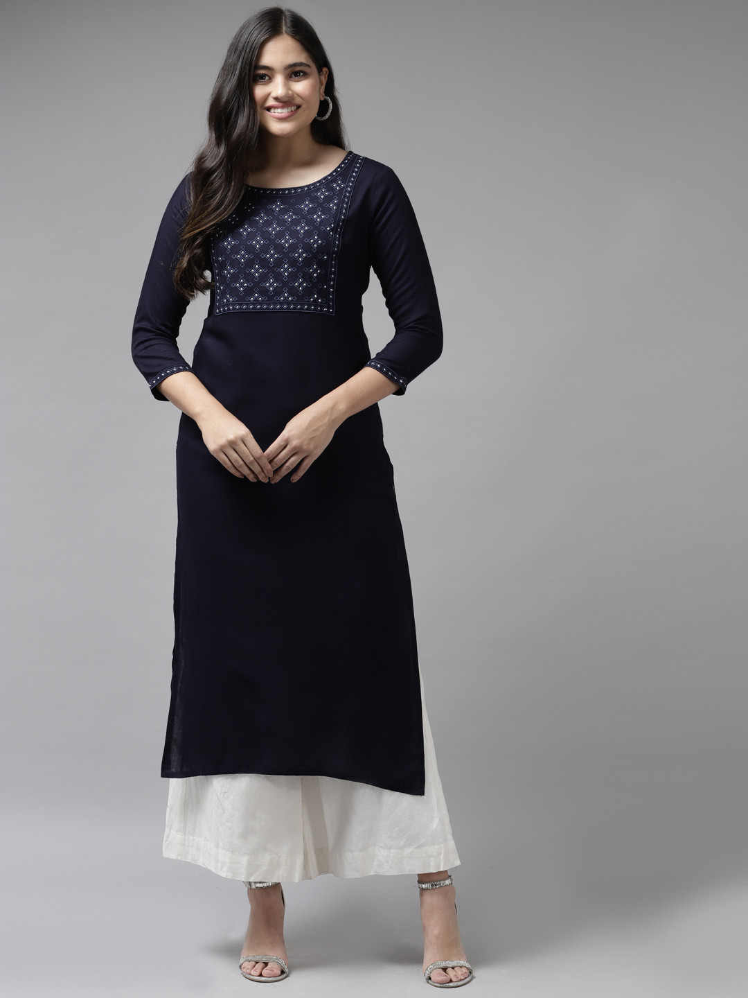 

Yufta Women Navy Blue Embroidered Kurta