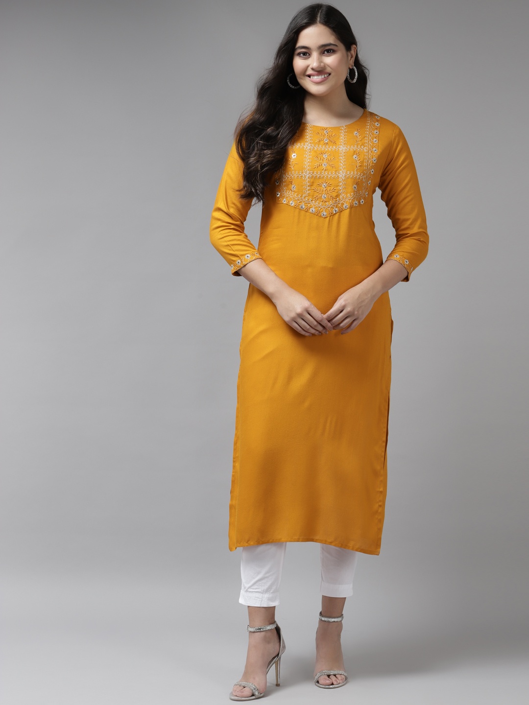 

Yufta Women Mustard Yellow Ethnic Motifs Yoke Design Thread Work Kurta