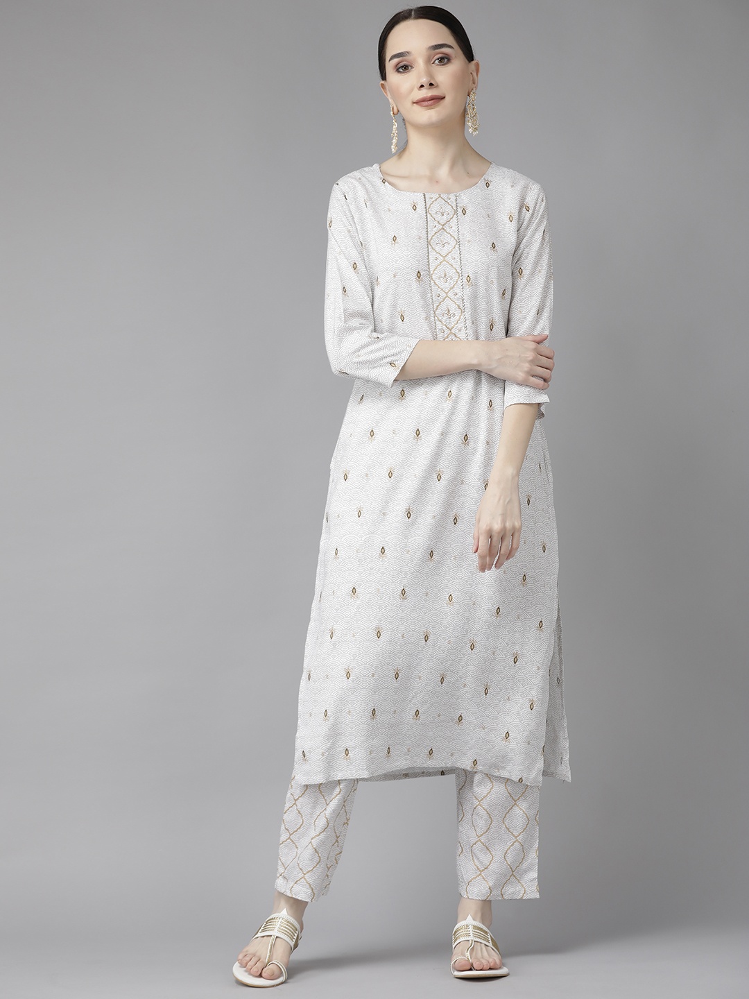 

Yufta Women Off White & Grey Ethnic Motifs Printed Kurta with Trousers