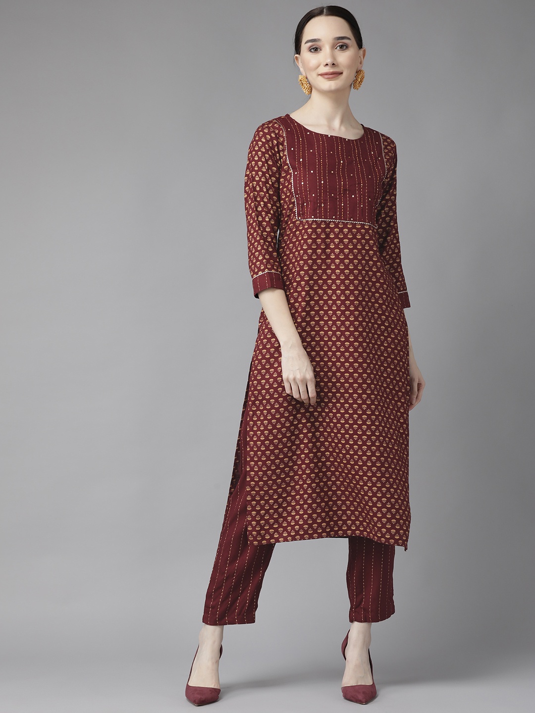 

Yufta Women Maroon Ethnic Motifs Printed Sequinned Kurta with Trousers