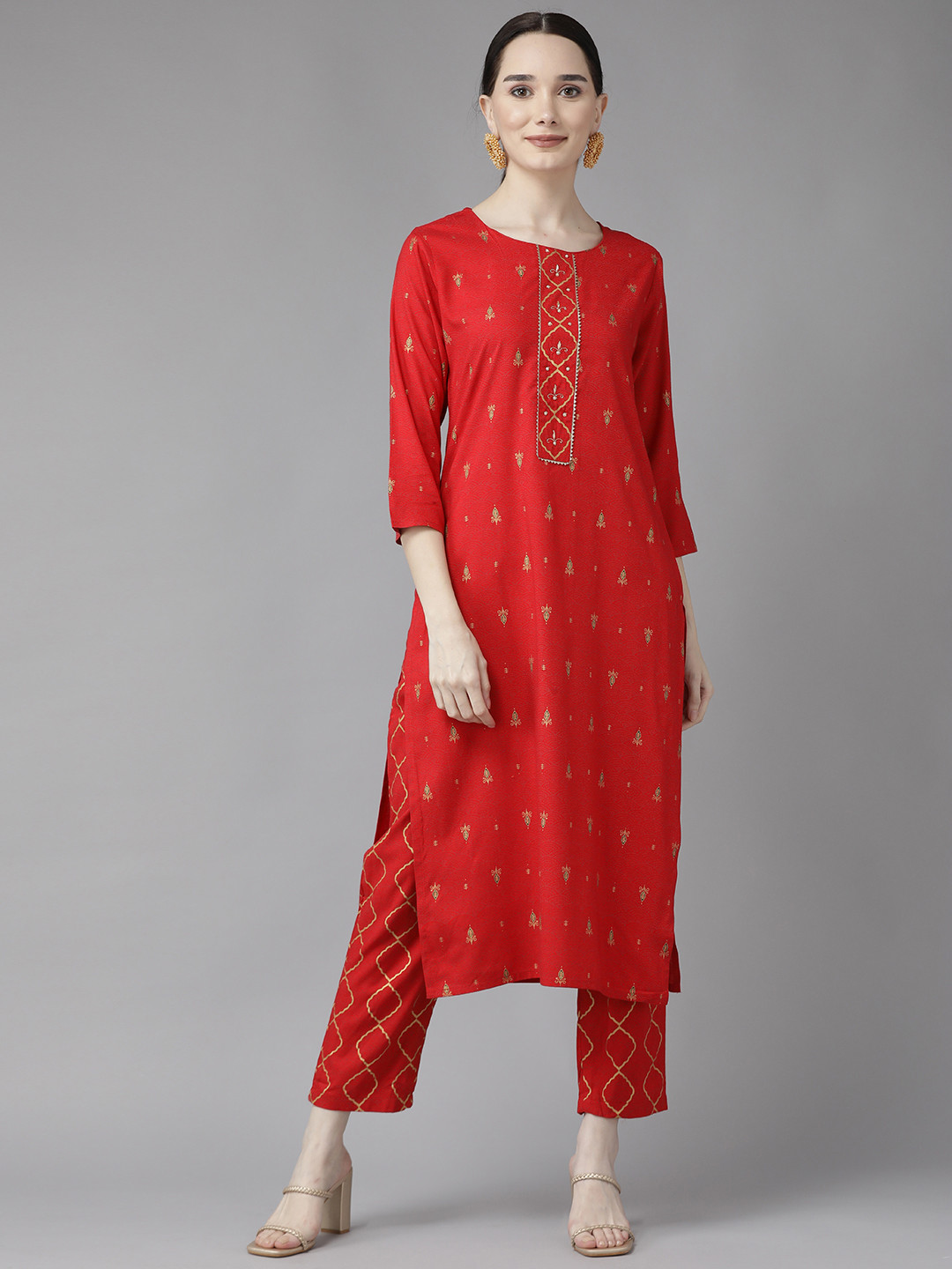 

Yufta Women Red Ethnic Motifs Printed Kurta with Trousers