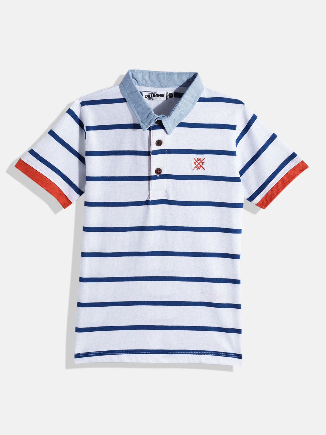 

DILLINGER Boys White & Blue Striped Polo Collar T-shirt