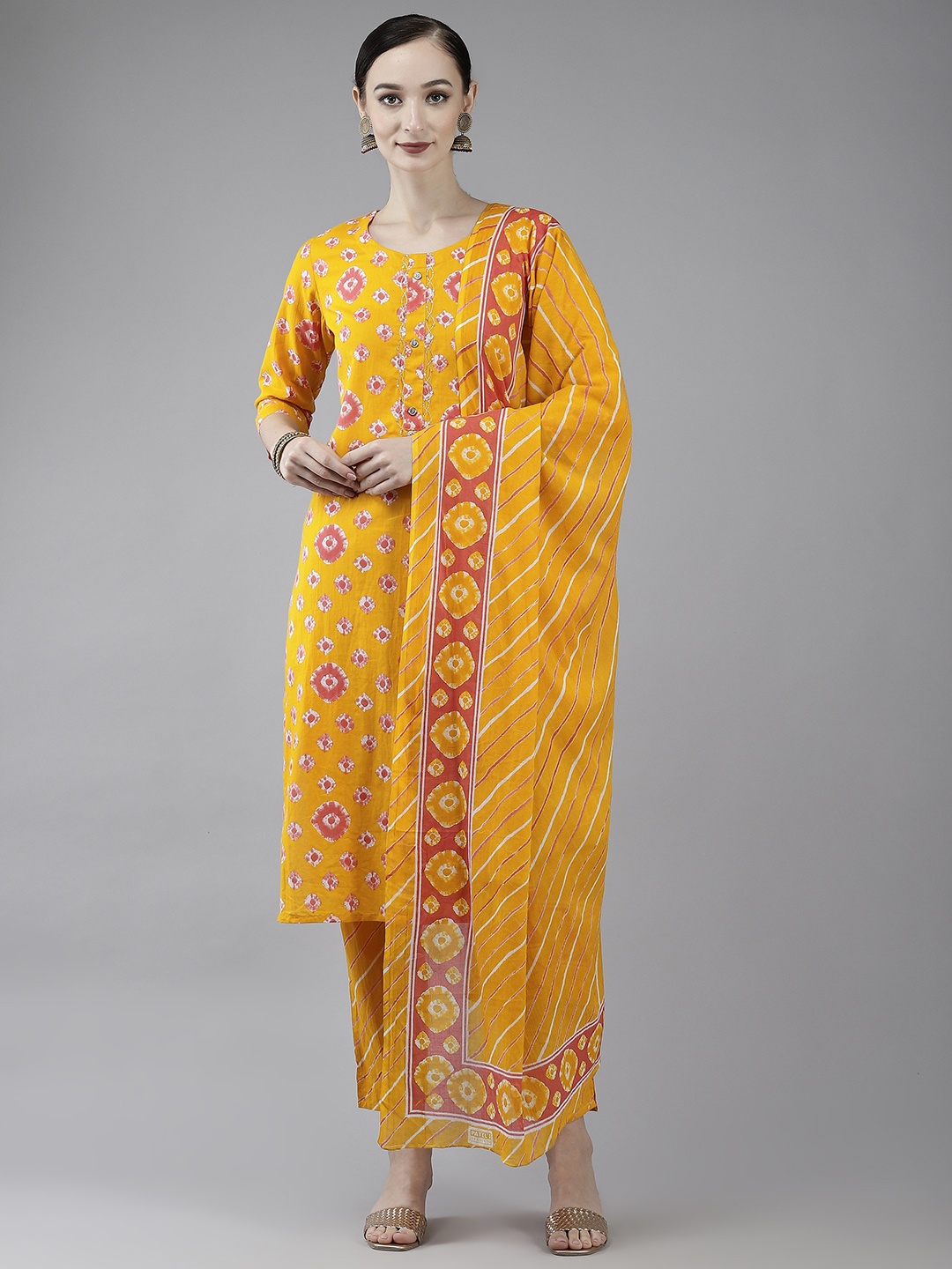 

Yufta Women Mustard Yellow Printed Sequinned Pure Cotton Kurta with Trousers & Dupatta