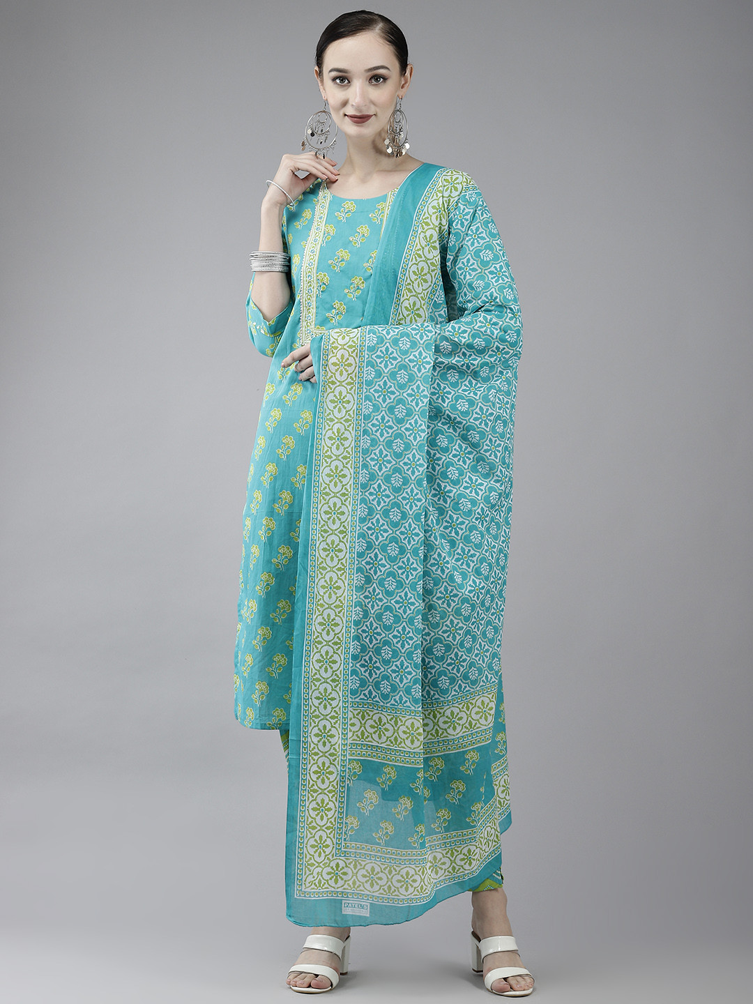 

Yufta Women Turquoise Blue Printed Sequinned Pure Cotton Kurta with Trousers & Dupatta