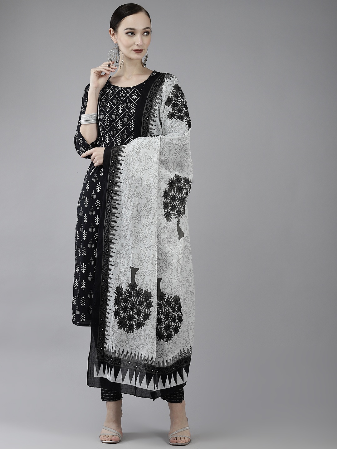 

Yufta Women Black & White Printed Sequinned Pure Cotton Kurta with Trousers & Dupatta