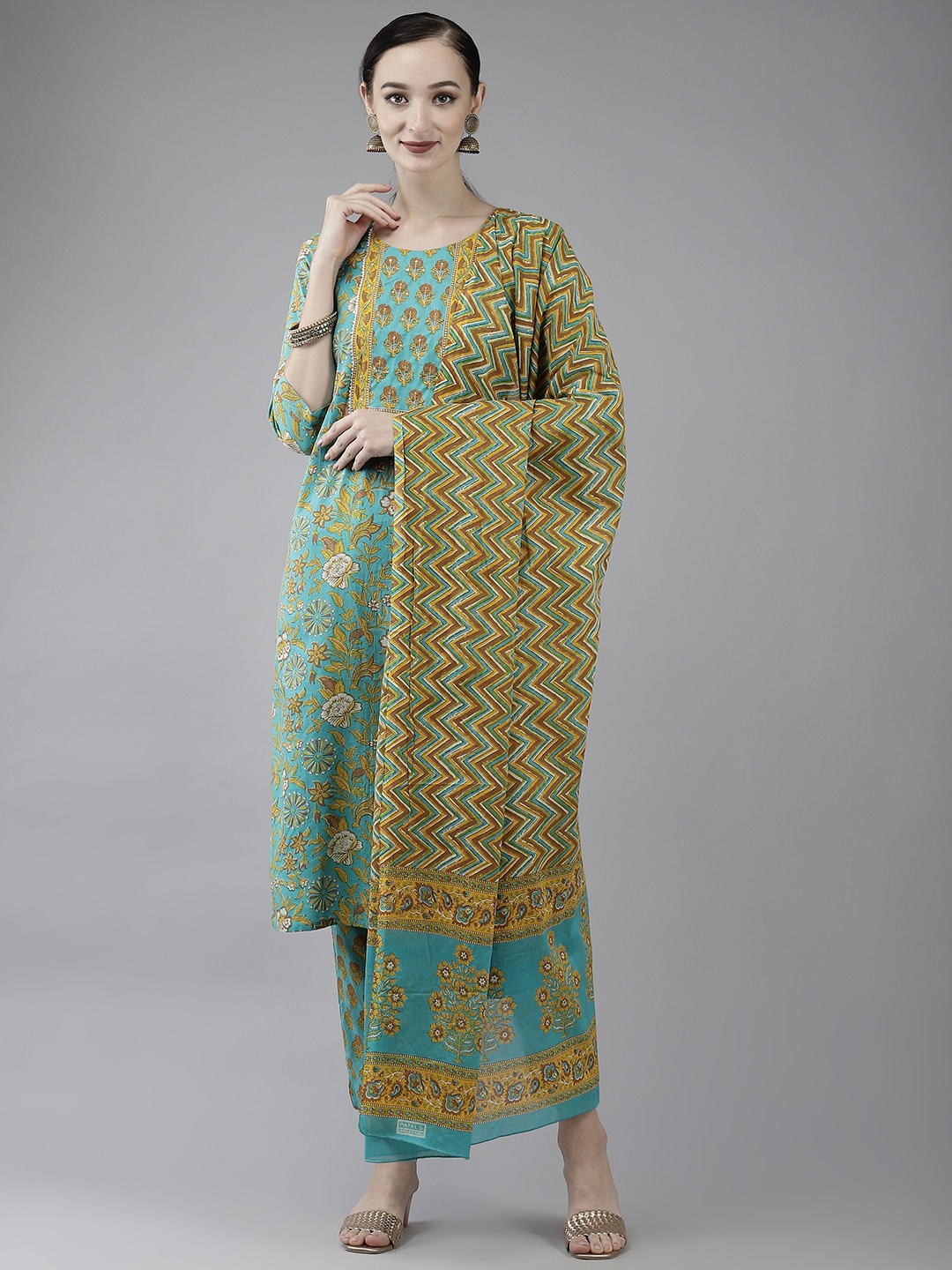

Yufta Women Sea Green Printed Sequinned Pure Cotton Kurta with Trousers & Dupatta