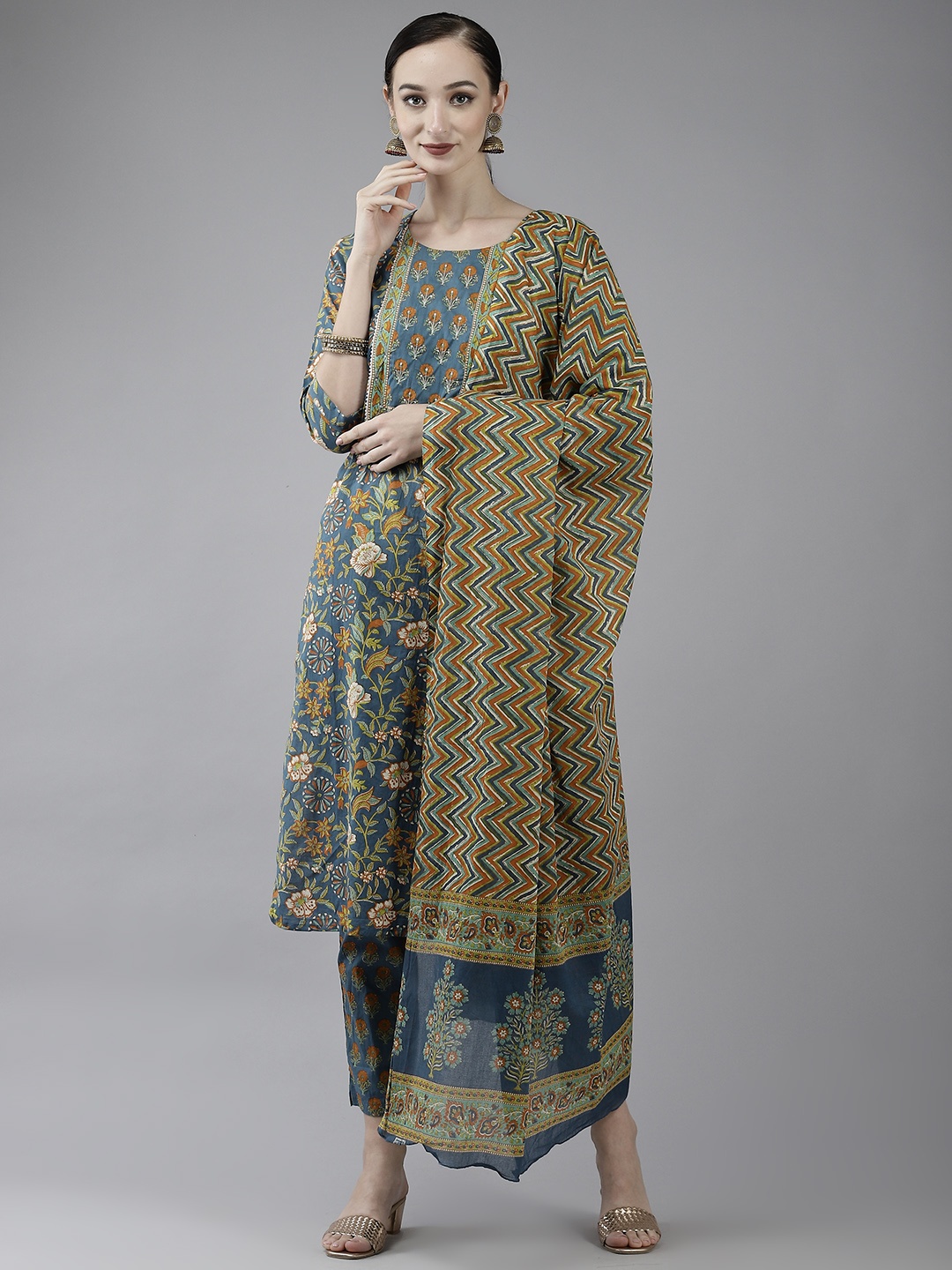 

Yufta Women Navy Blue & Orange Printed Sequinned Pure Cotton Kurta with Trousers & Dupatta