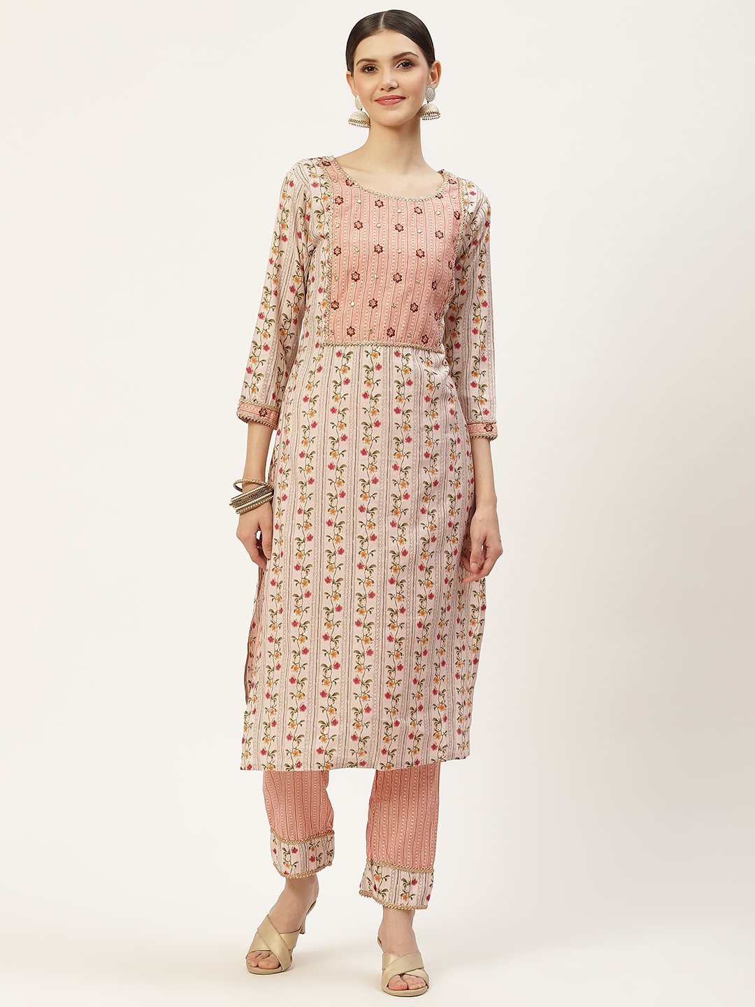 

SWAGG INDIA Women Pink and Cream-Coloured Ethnic Printed Gotta Patti Kurta with Trousers