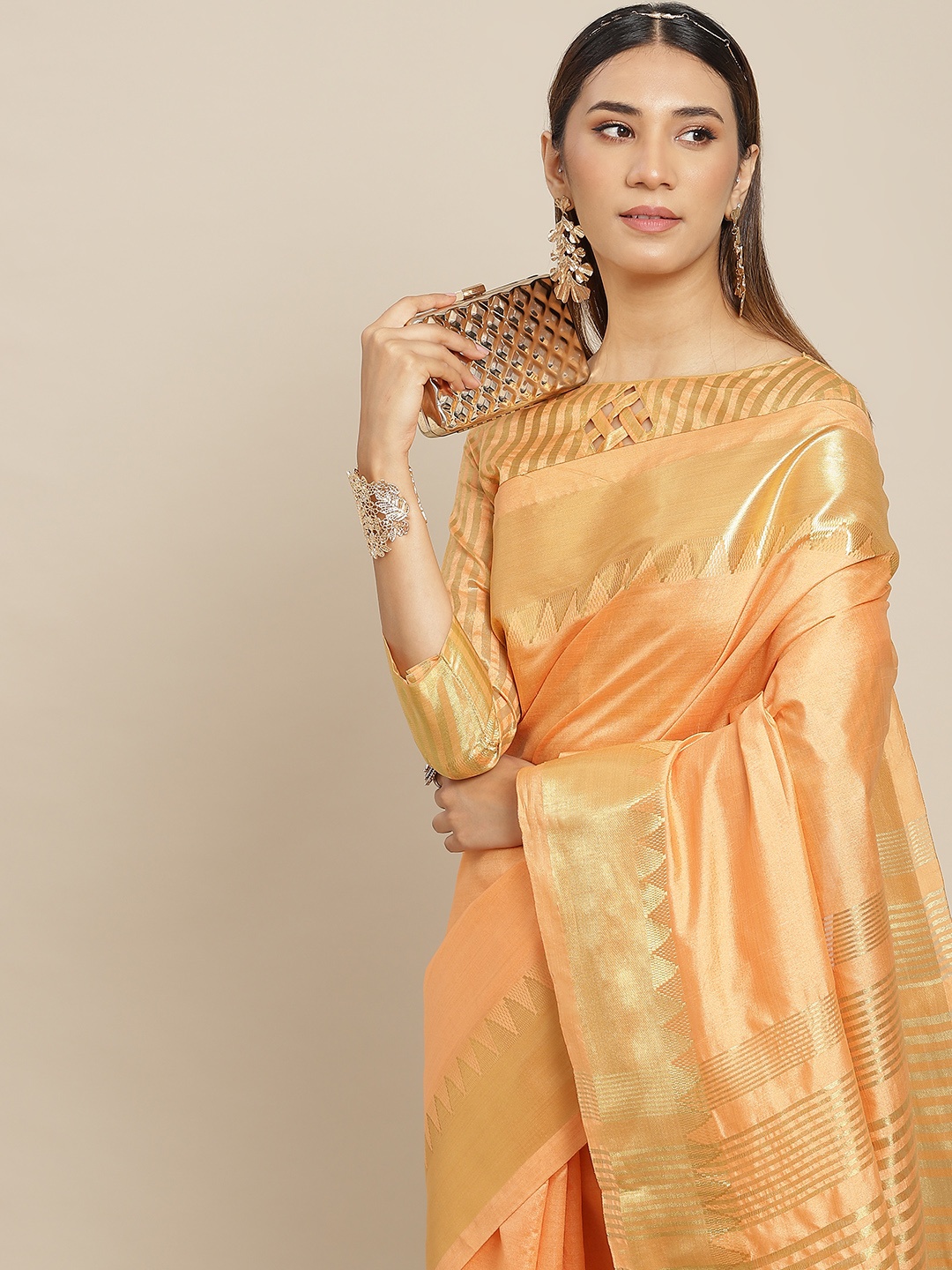 

KALINI Orange & Gold-Toned Woven Design Silk Blend Kasavu Saree