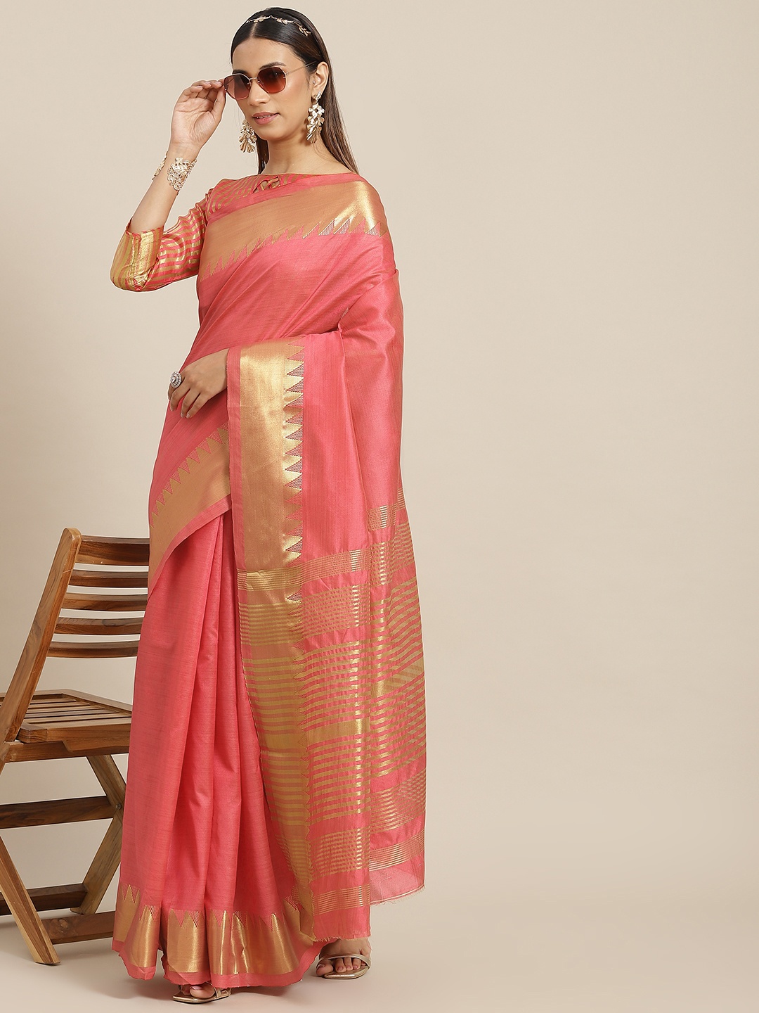 

KALINI Pink & Gold-Toned Woven Design Silk Blend Kasavu Saree
