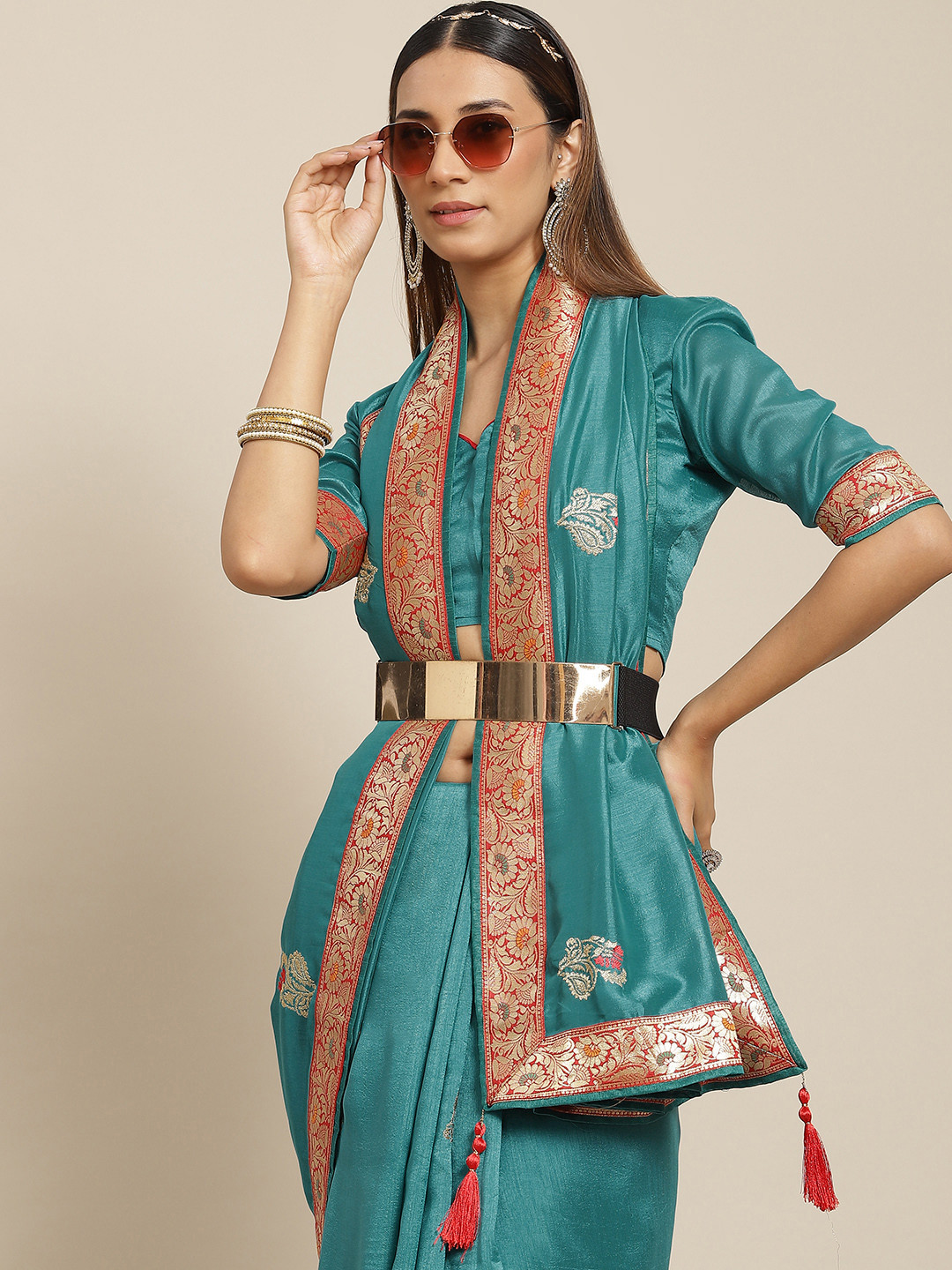 

KALINI Turquoise Blue & Red Floral Pure Georgette Maheshwari Saree