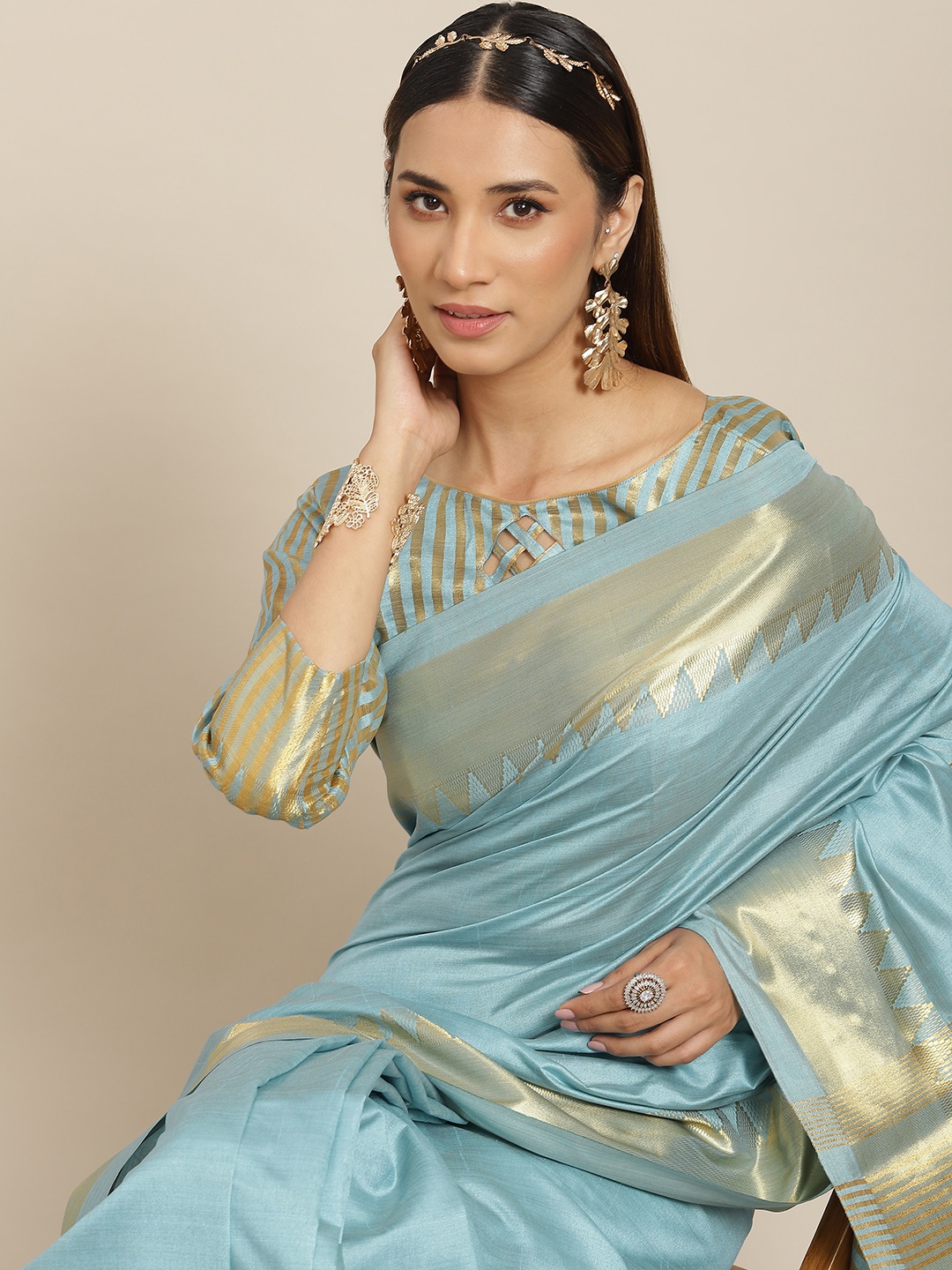 

KALINI Turquoise Blue & Gold-Toned Woven Design Silk Blend Kasavu Saree